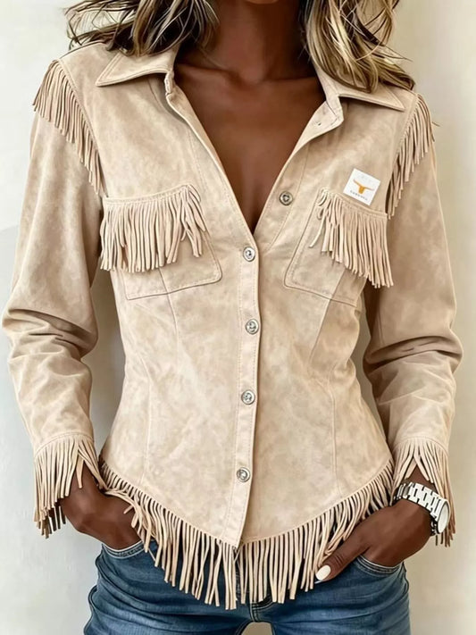 Full Size Fringed Snap Down Jacket Plus Size - Beige - View 1