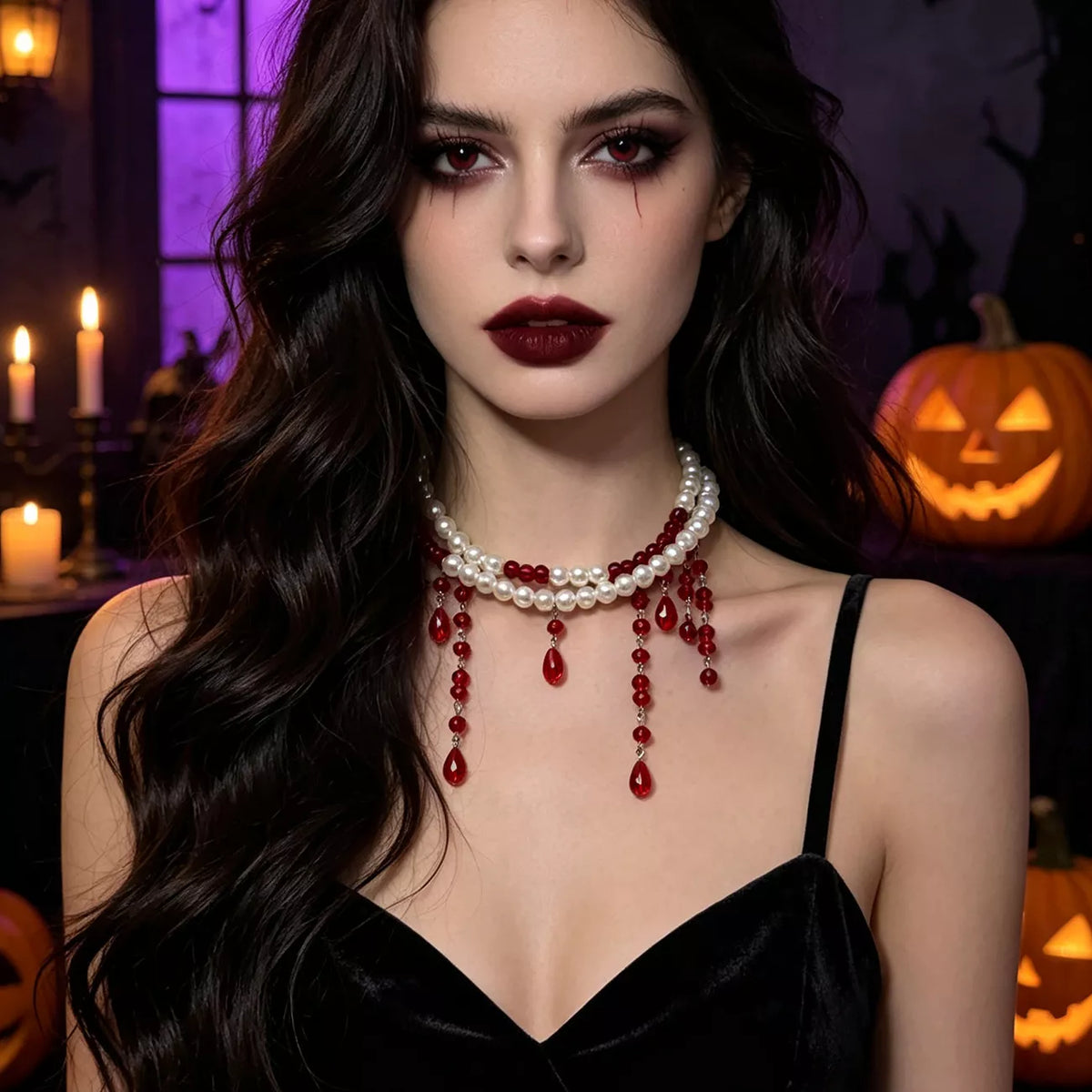 Halloween Pearl Double Layered Choker Necklace - Burgundy - View 3