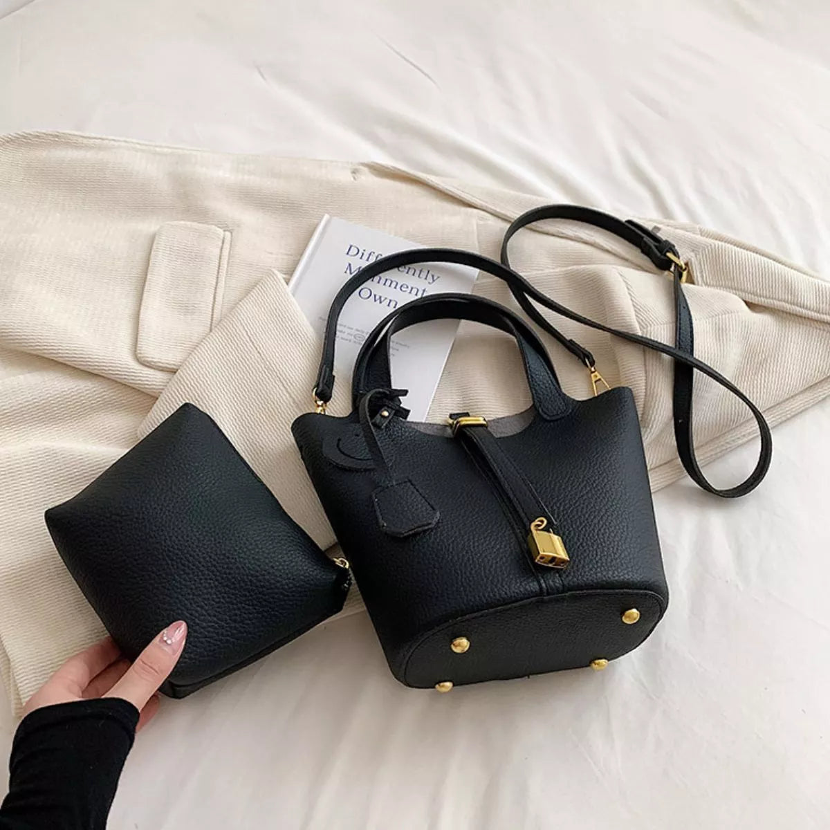Bucket Crossbody Bag with Lock Detail - Black - View 1