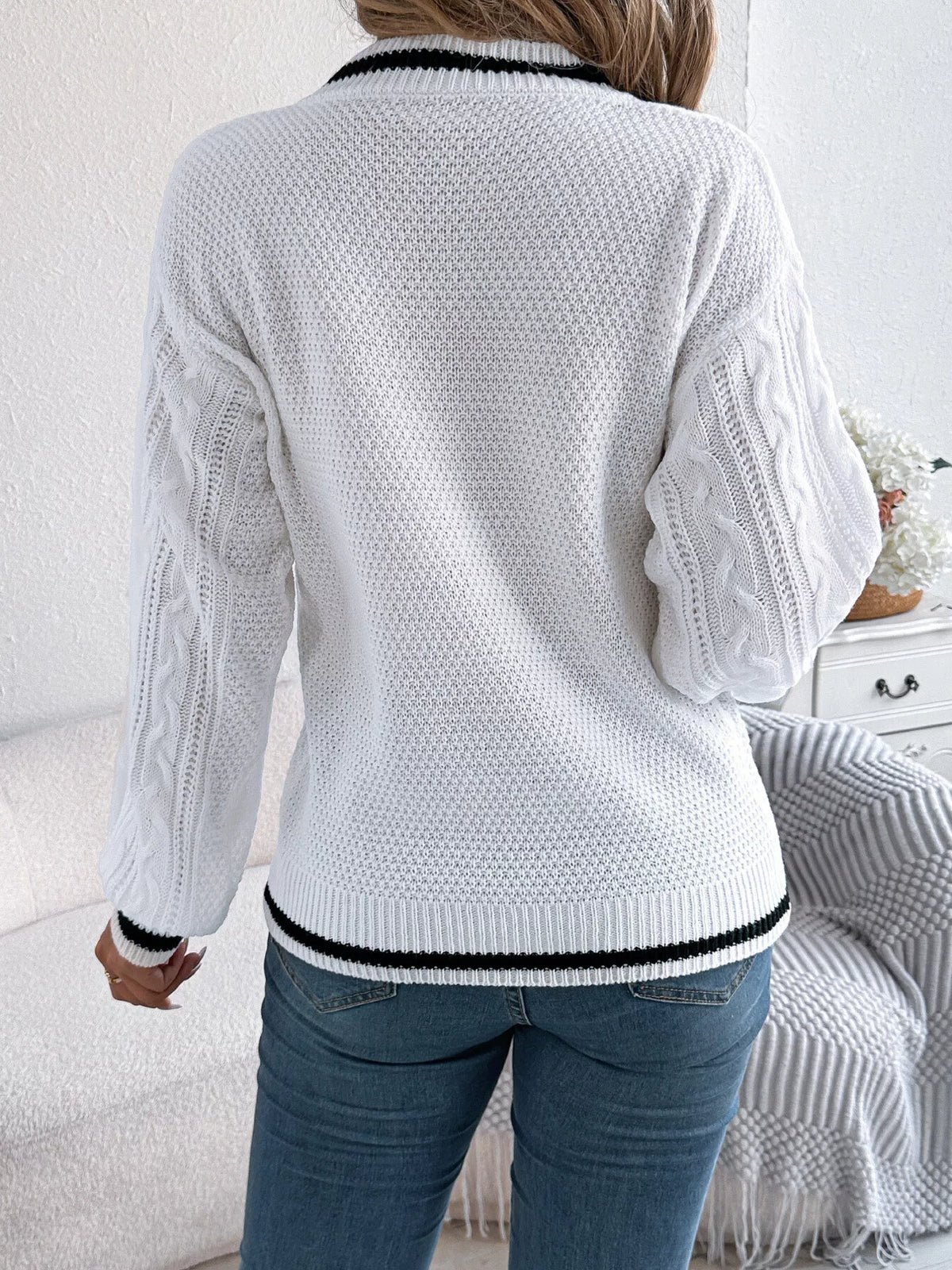 V-Neck Cable Knit Sweater with Striped Trim - White - View 8