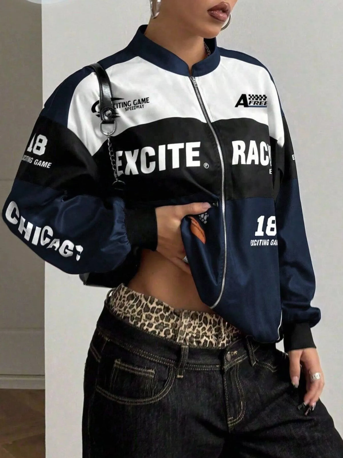 Letter Print Zip Up Jacket - Navy Blue - View 2
