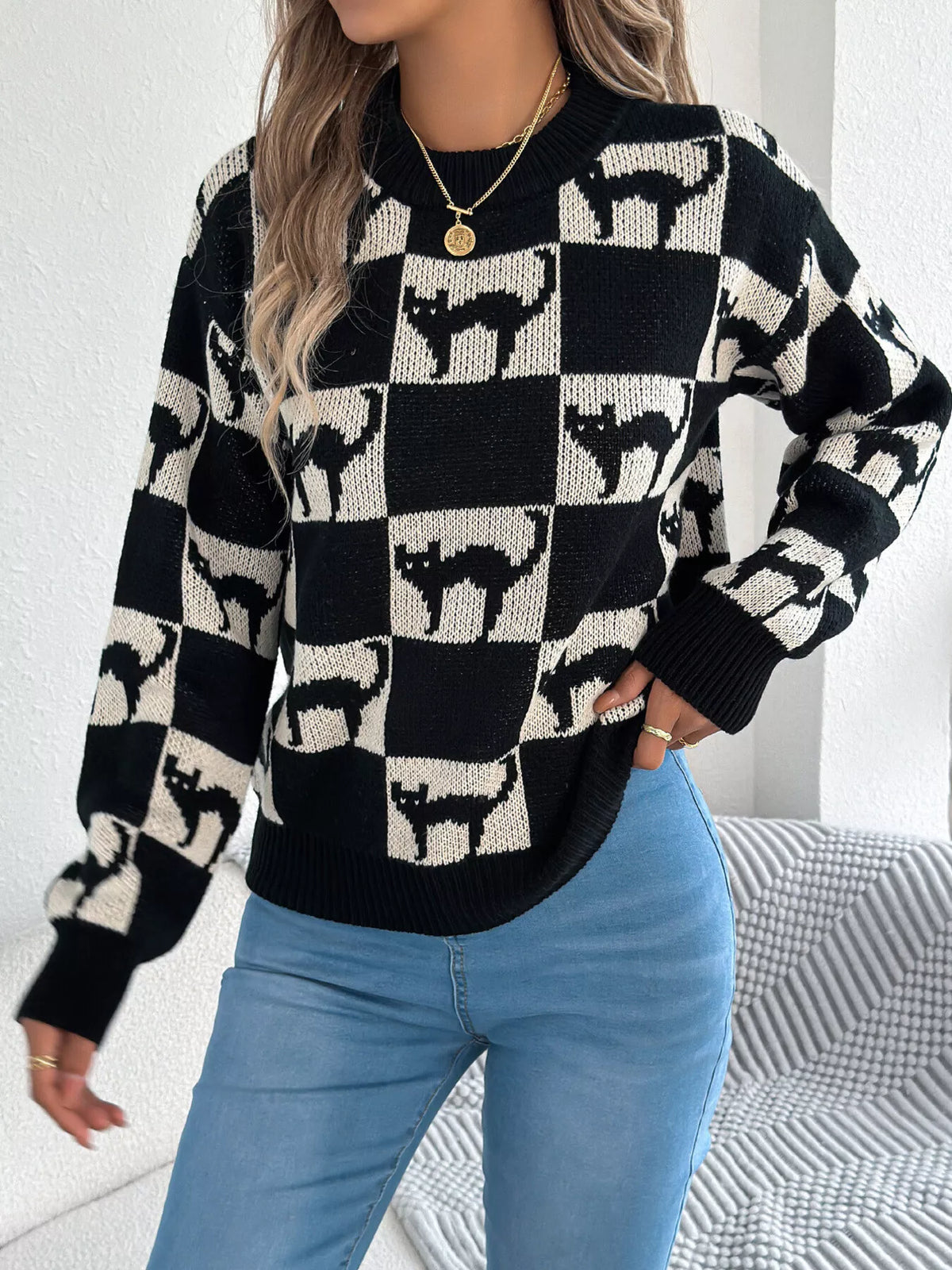Checkerboard Halloween Graphic Sweater - Black - View 5