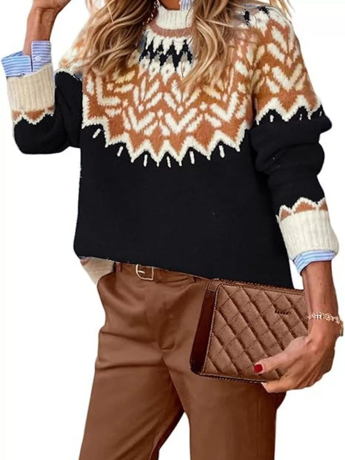 Full Size Fair Isle Patterned Long Sleeve Sweater Plus Size - Black - View 1