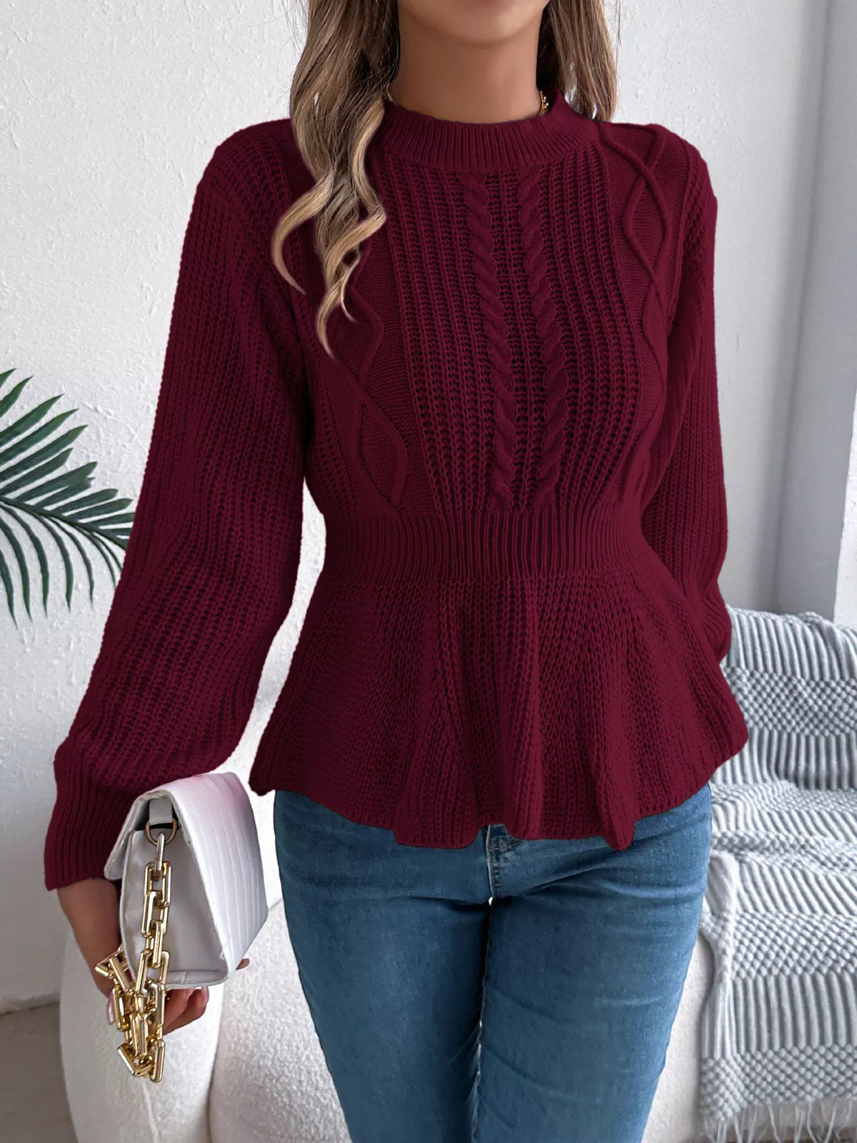 Cable Knit Peplum Sweater - Burgundy - View 4