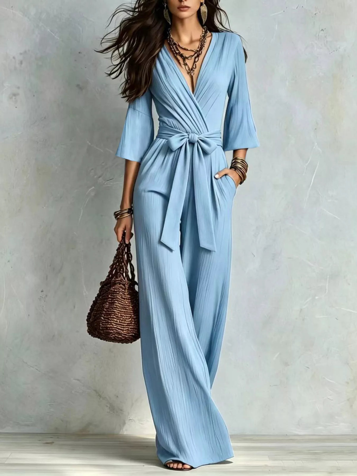 Pleated Wide-Leg Jumpsuit with Tie-Waist - Sky Blue - View 7