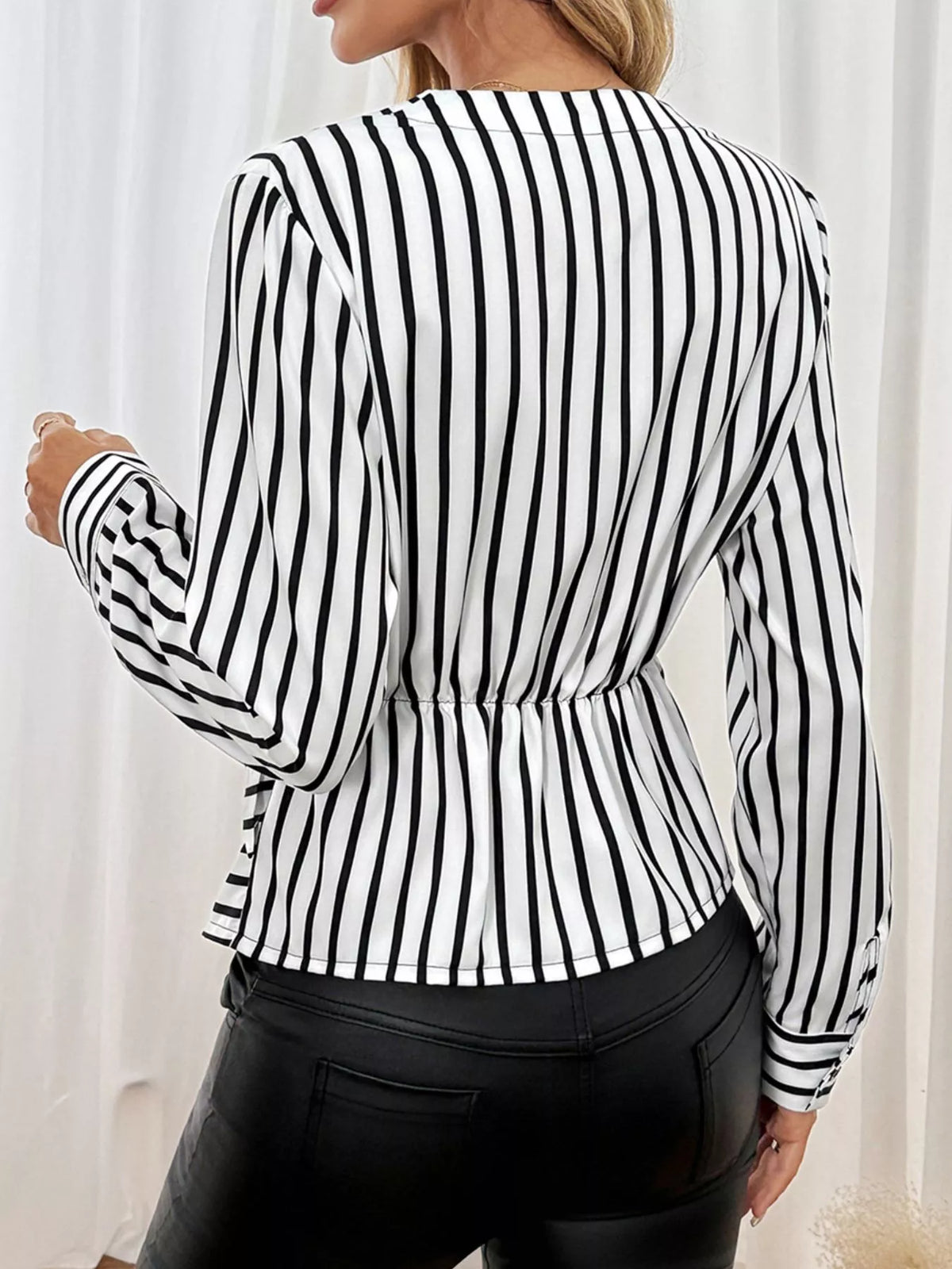 Striped Color Block Surplice Shirt - Black - View 6
