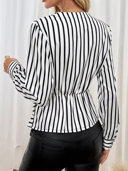 Striped Color Block Surplice Shirt - Black - View 6