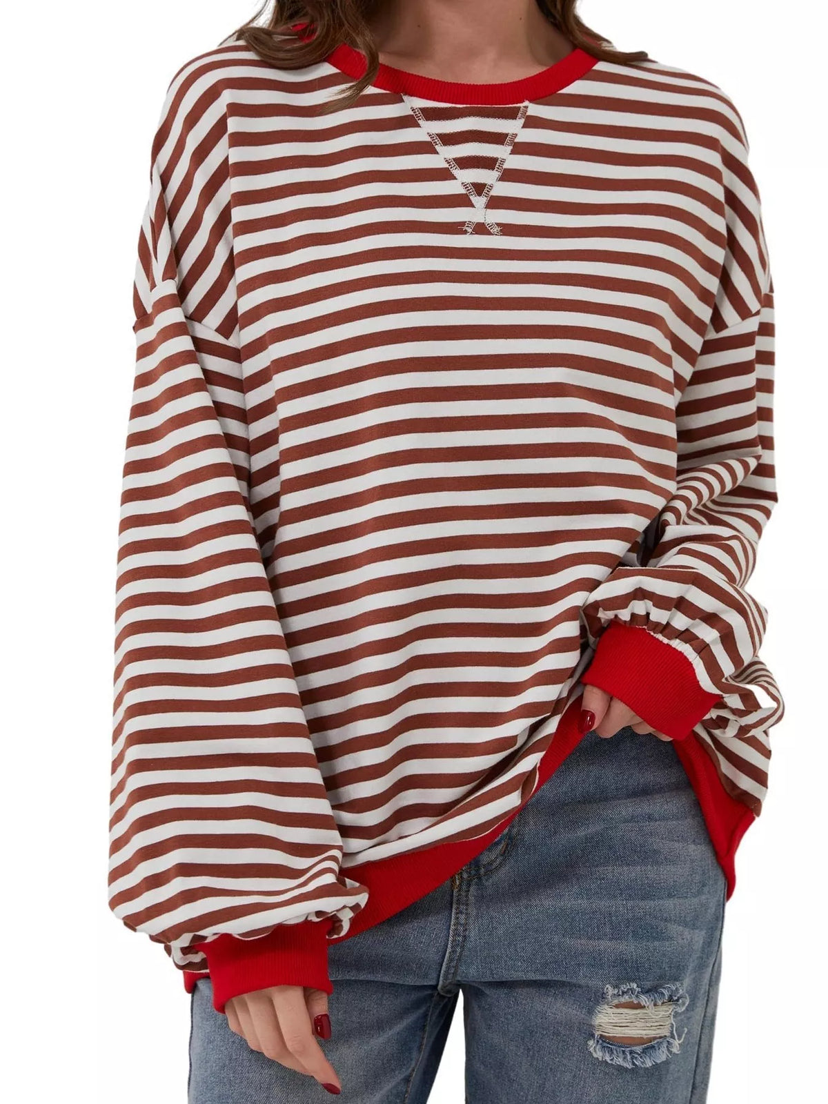 Striped Contrast Trim Oversized Sweatshirt - Red - View 1