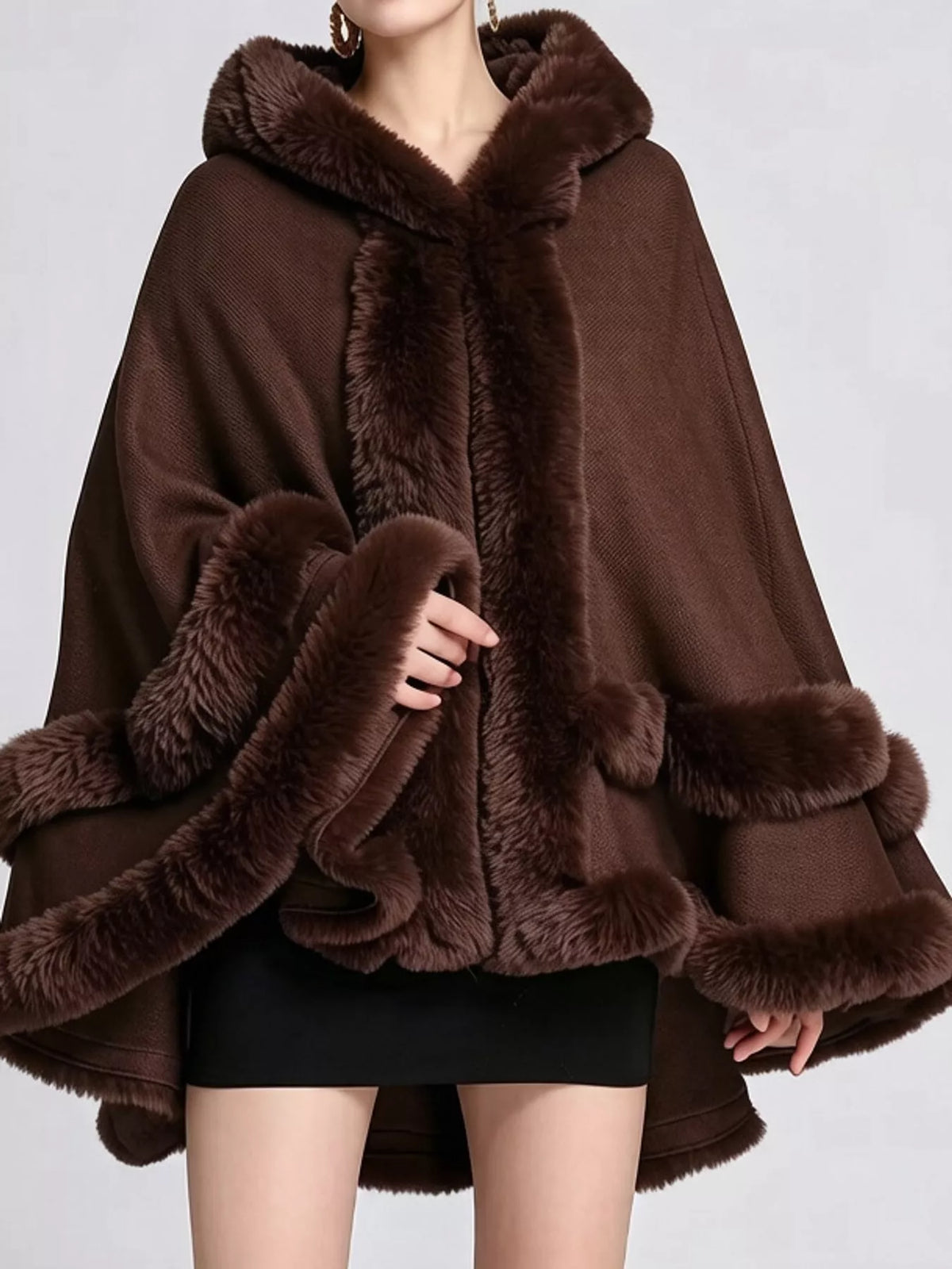 Faux Fur Trimmed Hooded Cape - Coffee - View 54