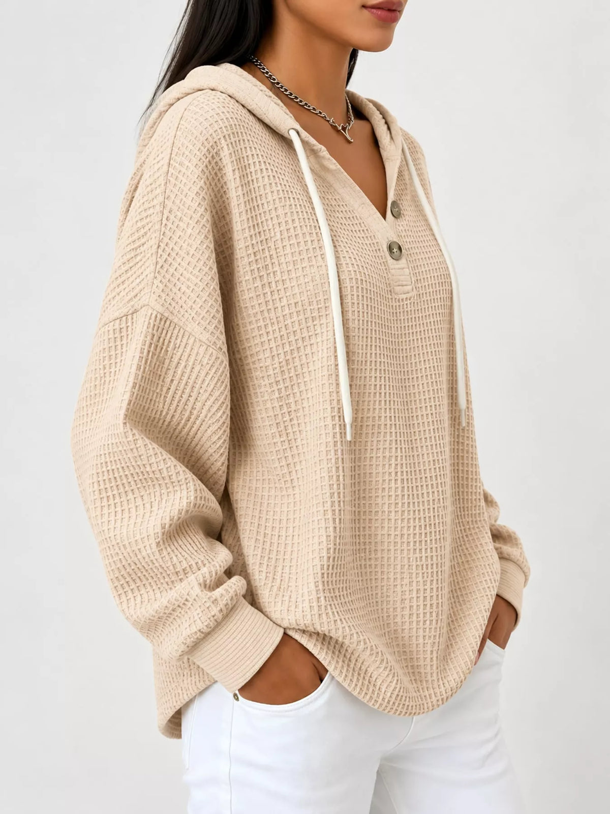 Full Size Waffle Knit Button Detail Hoodie Plus Size - Apricot Color - View 51