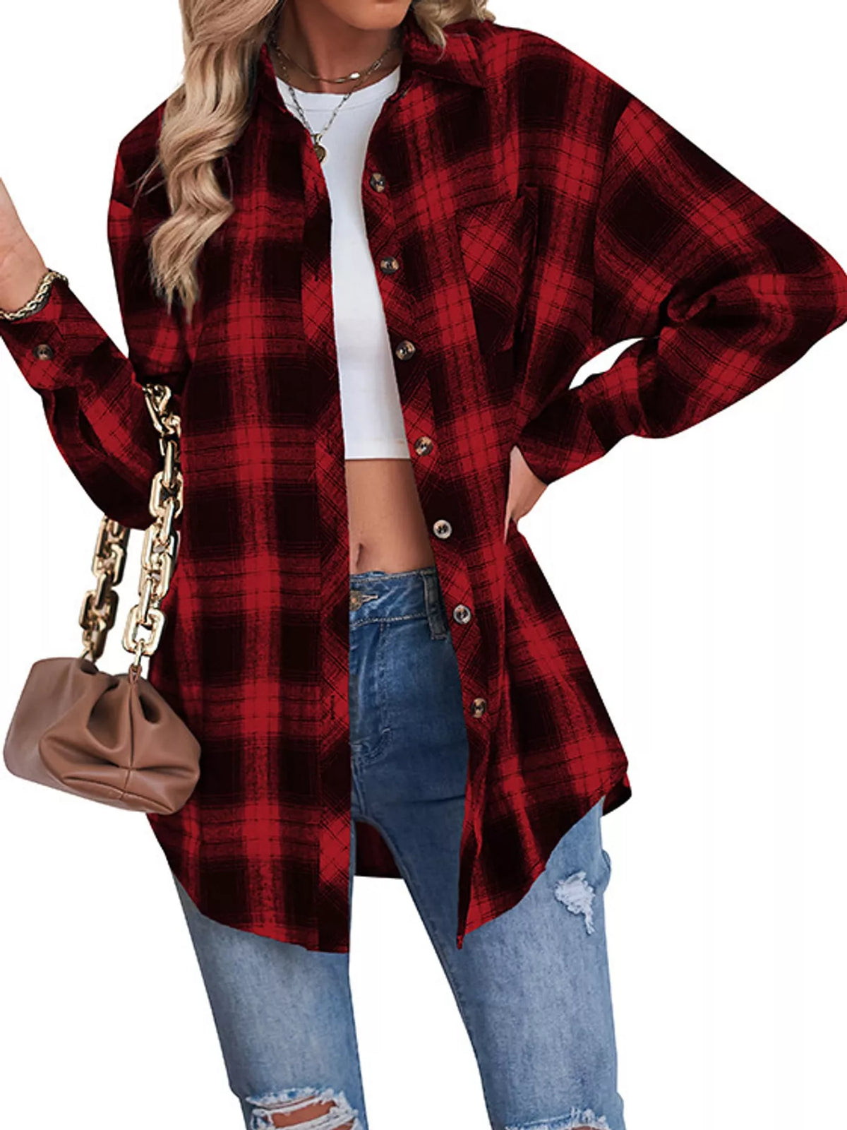 Plaid Button-Down Oversized Shirt - Red - View 9