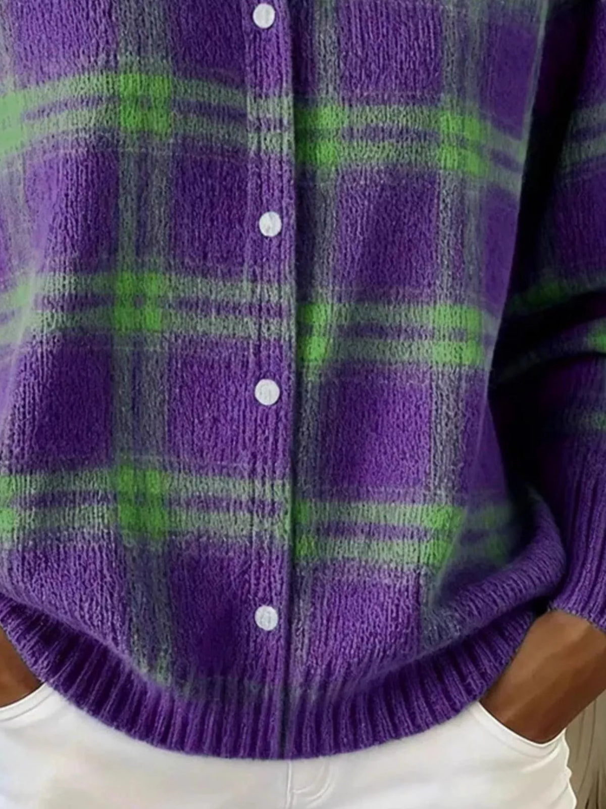 Full Size Plaid Button-Down Knit Cardigan Plus Size - Purple - View 6