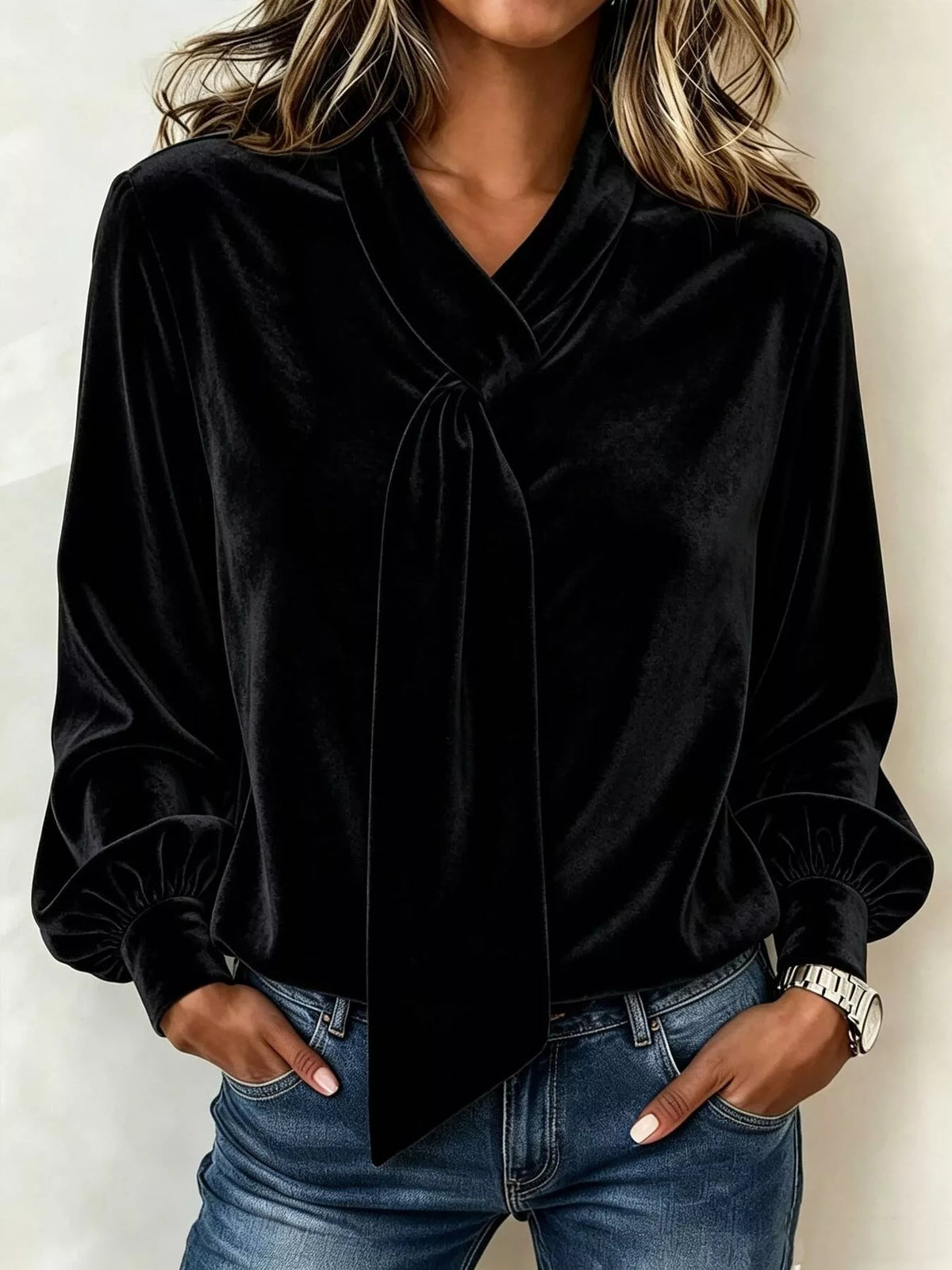 Full Size Velvet Tie-Neck Long Sleeve Blouse Plus Size - Black - View 6