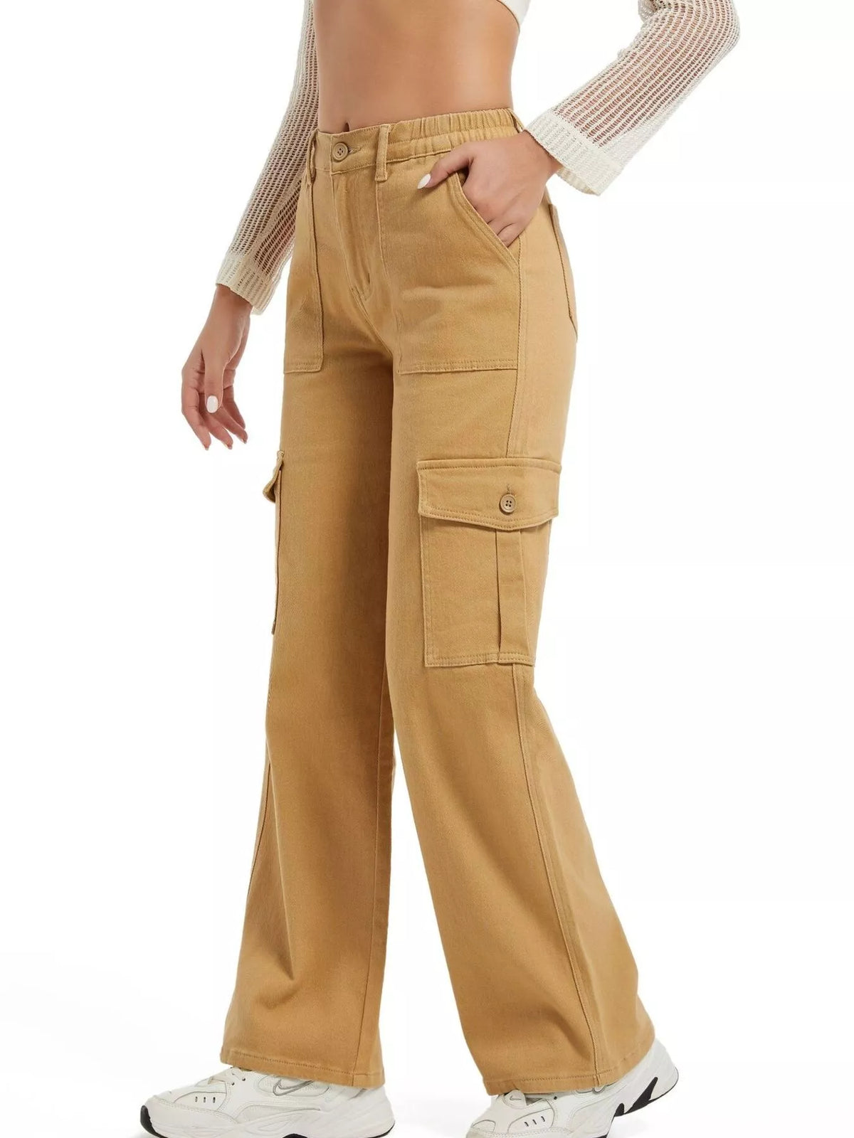 High-Waisted Cargo Jeans - Khaki - View 4
