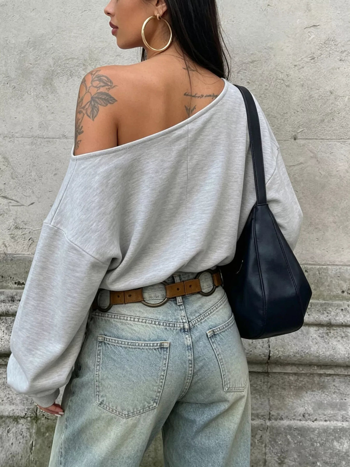 One Shoulder Long Sleeve Casual T-Shirt - Light Gray - View 4