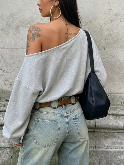 One Shoulder Long Sleeve Casual T-Shirt - Light Gray - View 4