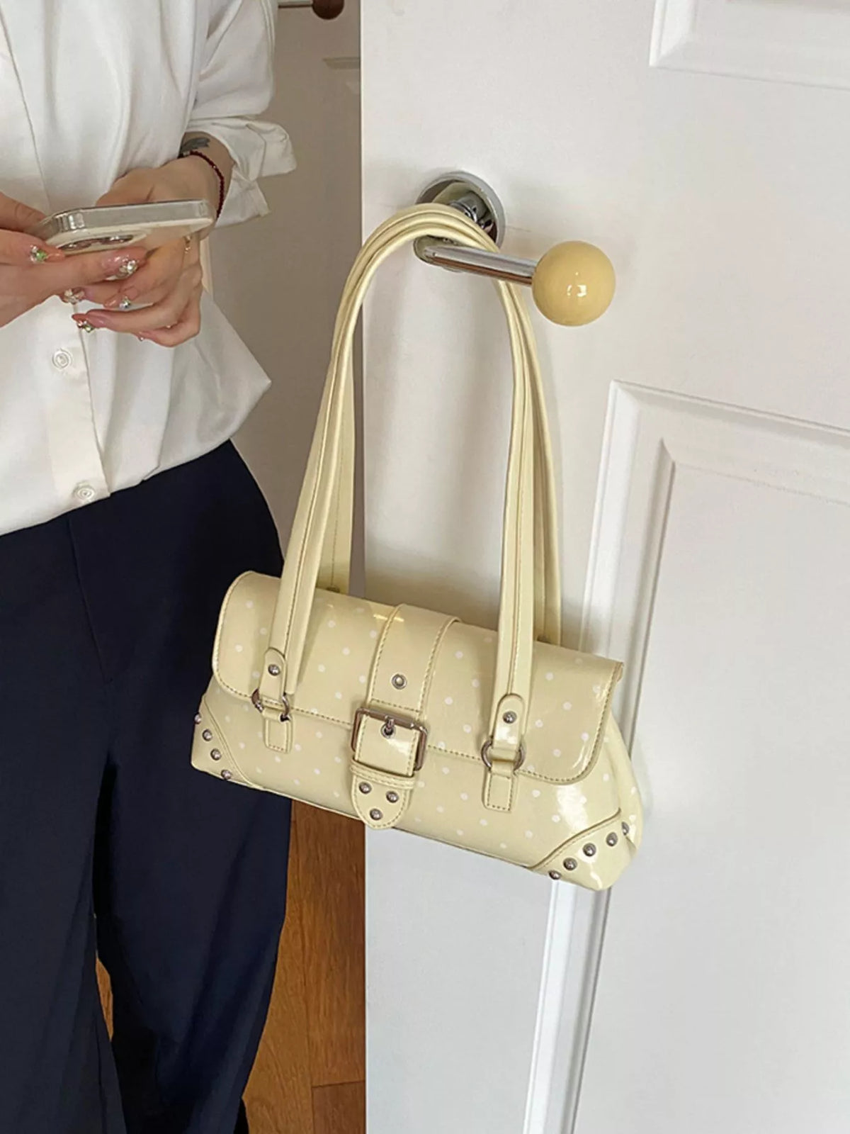 Polka Dot Studded Shoulder Bag - Light Yellow - View 9