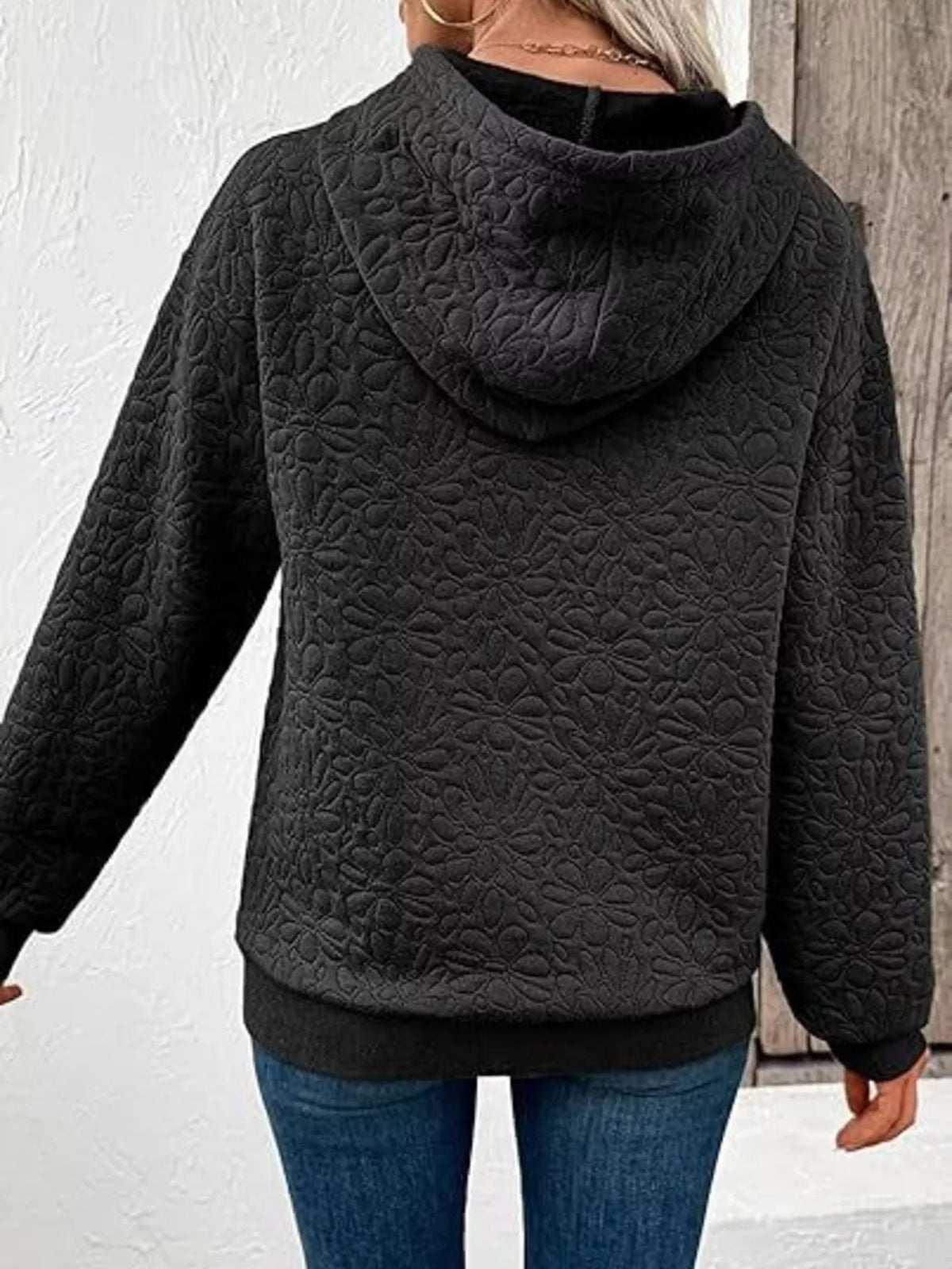 Textured Floral Embossed Drawstring Hoodie - Black - View 4
