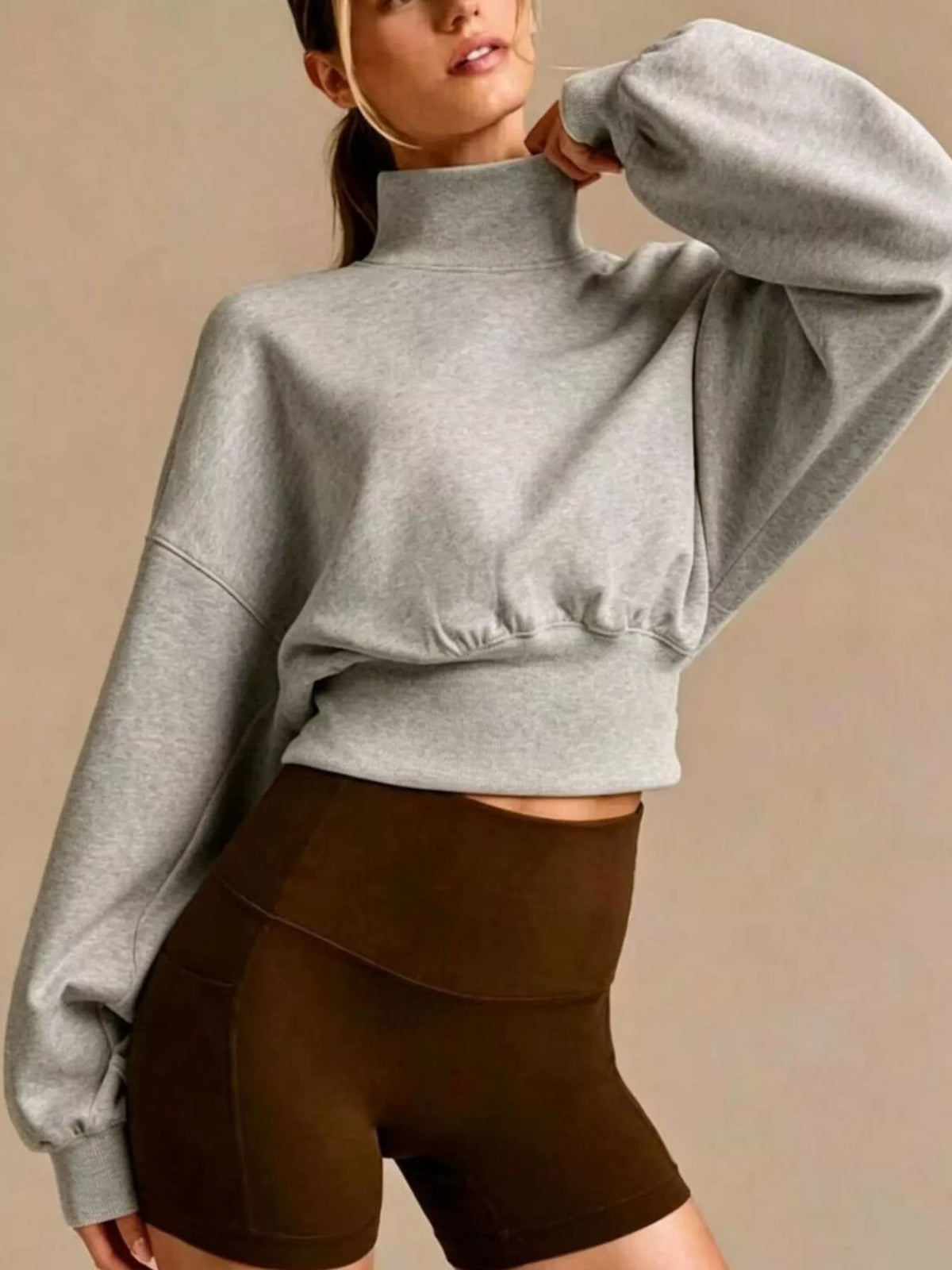 Turtleneck Dropped Shoulder Sweatshirt - Gray - View 1