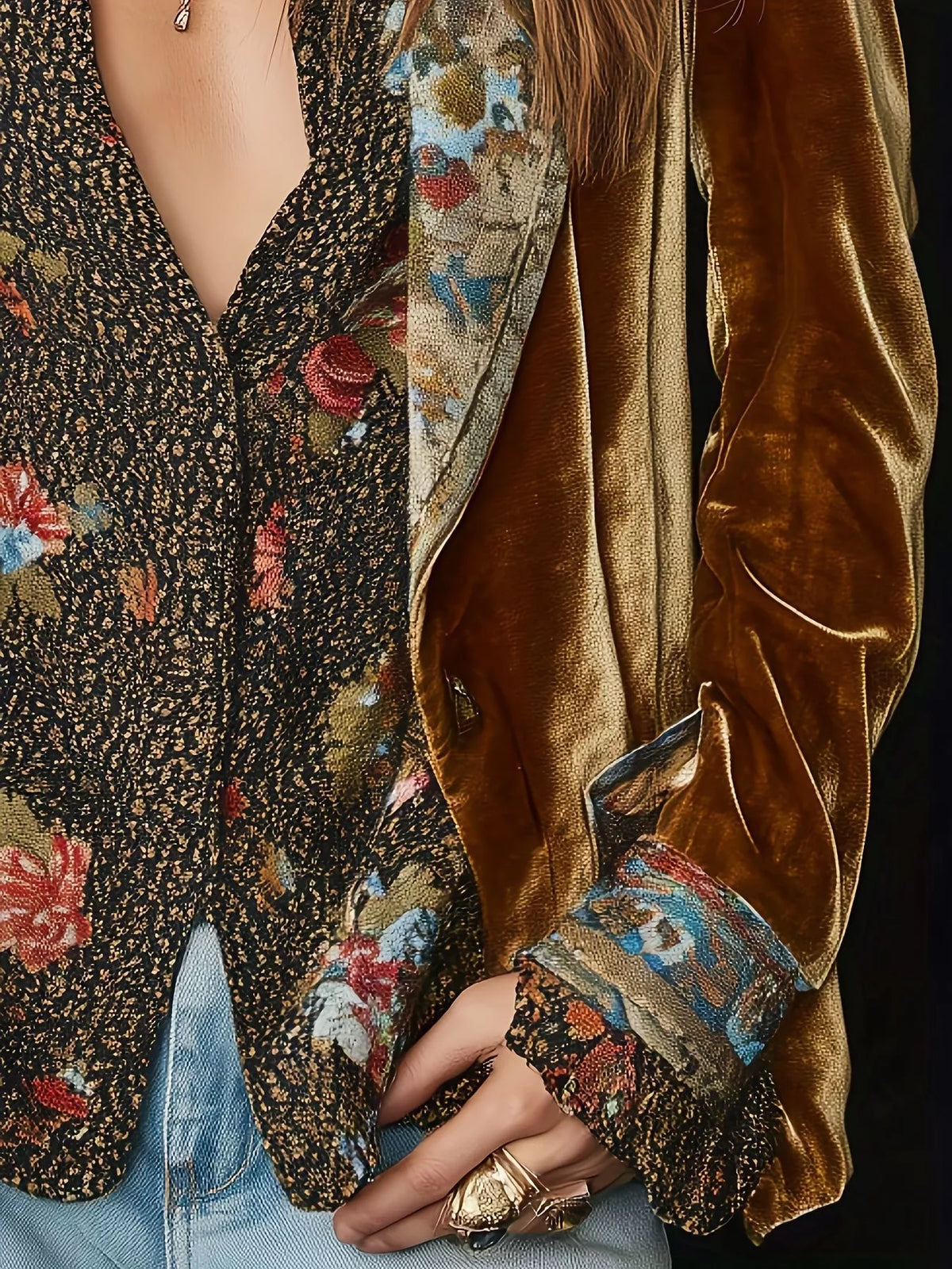 Floral Lapel Collar Velvet Blazer - Gold - View 2