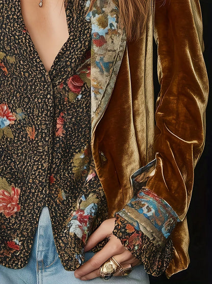 Floral Lapel Collar Velvet Blazer - Gold - View 2