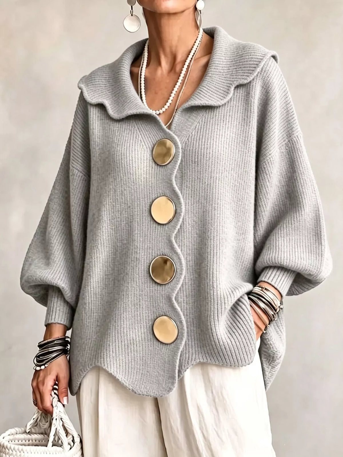 Full Size Scalloped-Edge Button-Down Cardigan Plus Size - Gray - View 1
