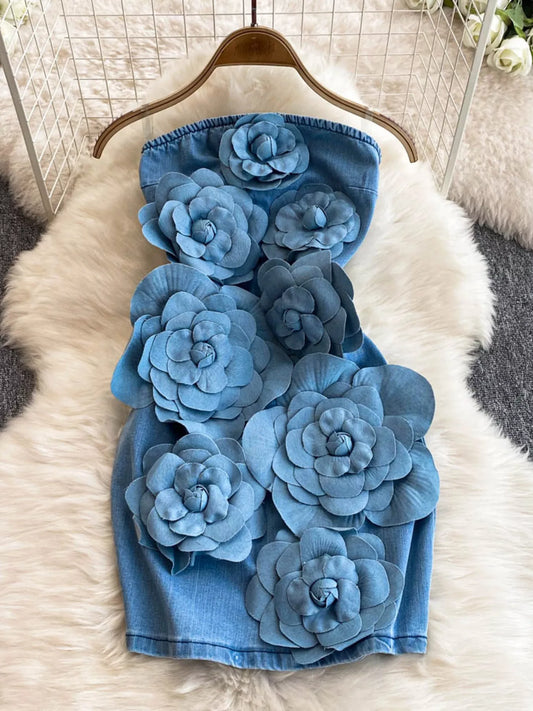 Floral Applique Strapless Denim Dress - product photo 1