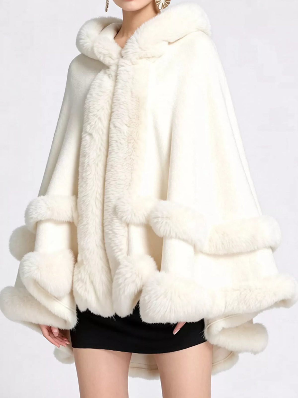 Faux Fur Trimmed Hooded Cape - White - View 44