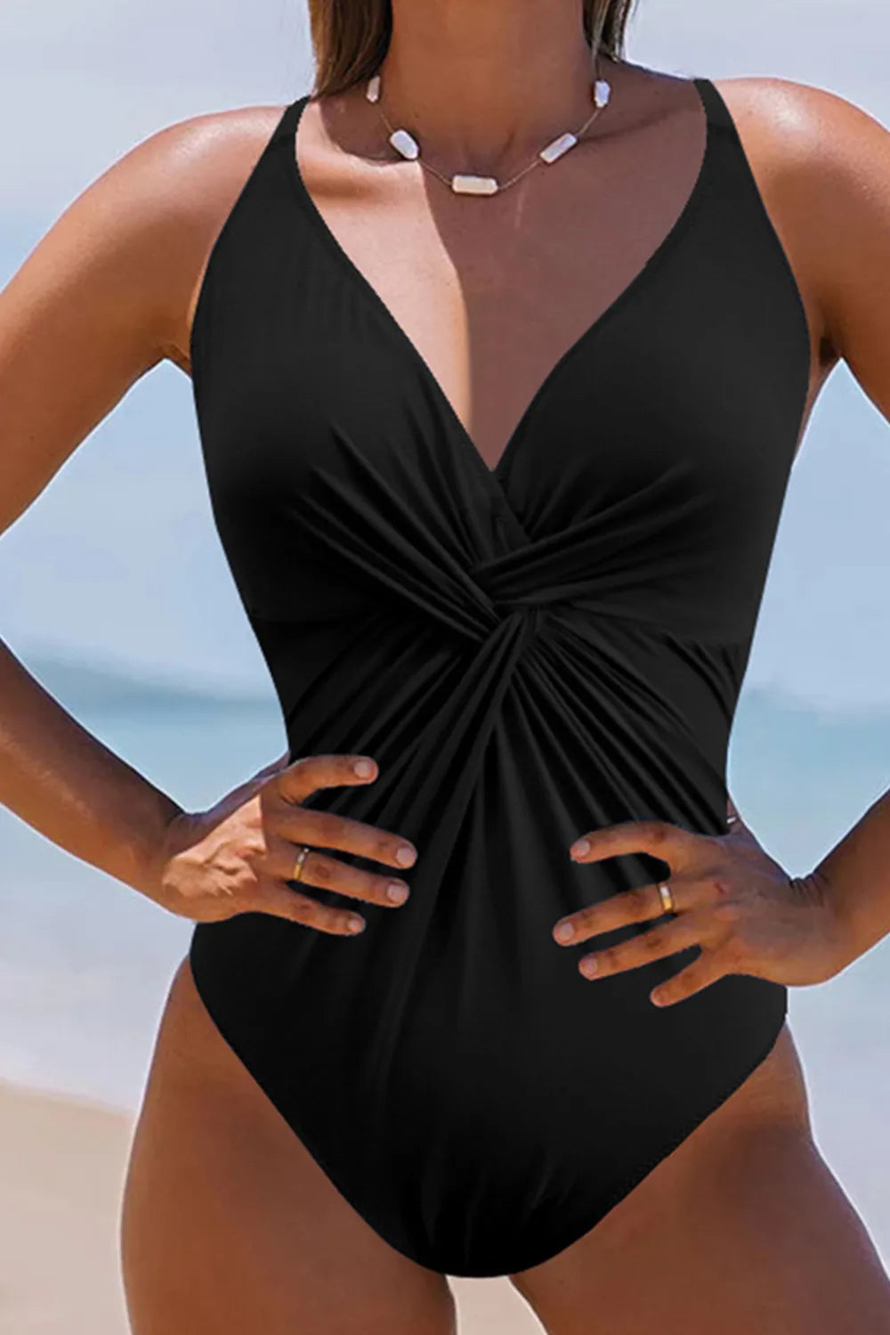 Twisted Crisscross V-Neck One-Piece Swimwear - Black - View 1