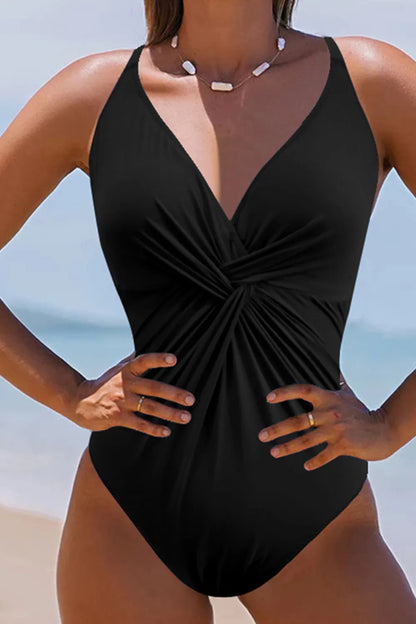 Twisted Crisscross V-Neck One-Piece Swimwear - Black - View 1