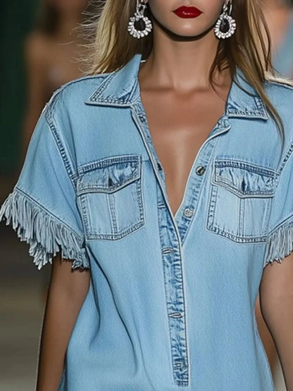 Full Size Fringed Short Sleeve Denim Shirt Dress Plus Size - Light Blue - View 3