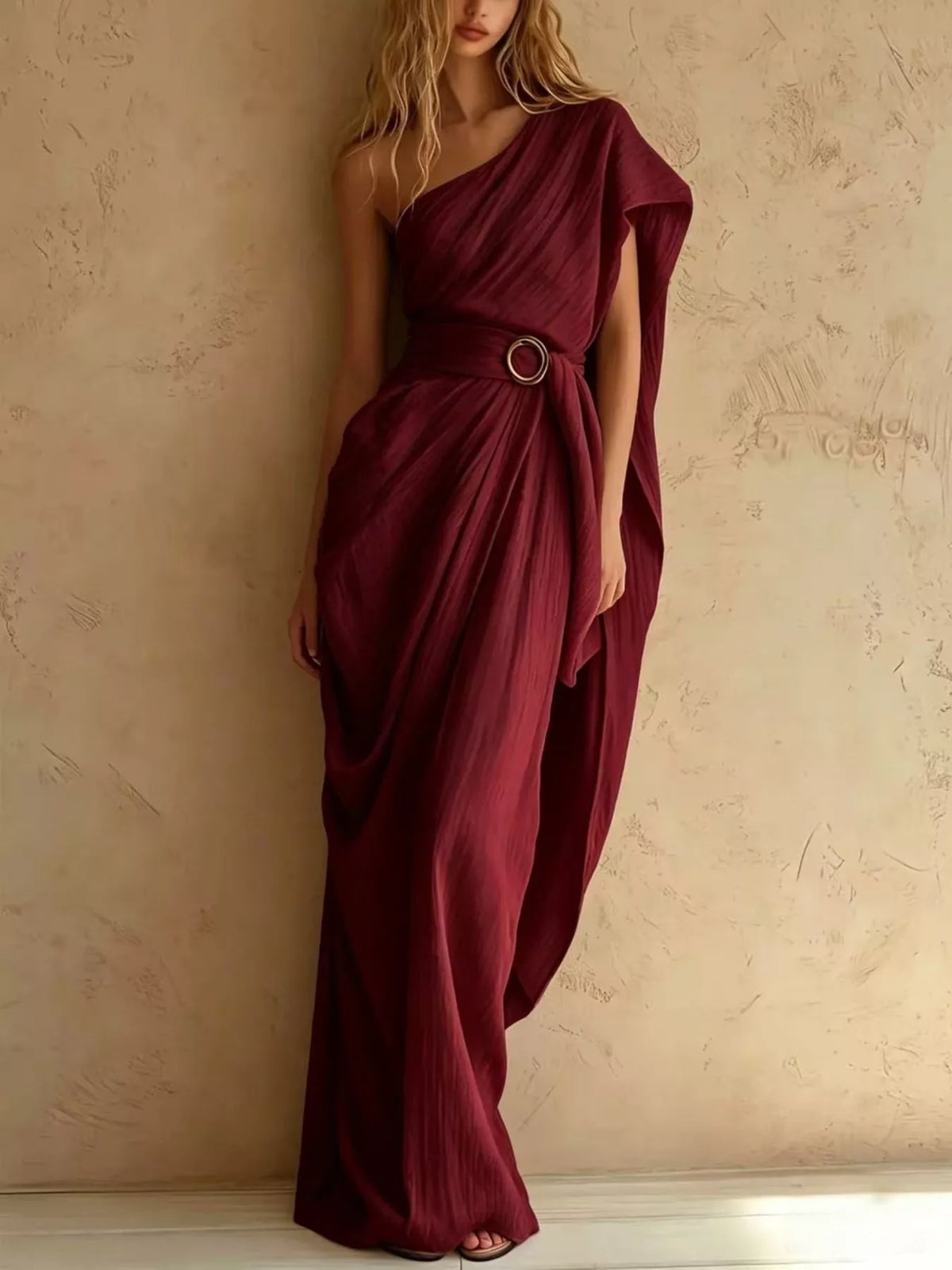 One-Shoulder Draped Maxi Dress with Waist Buckle - Burgundy - View 1