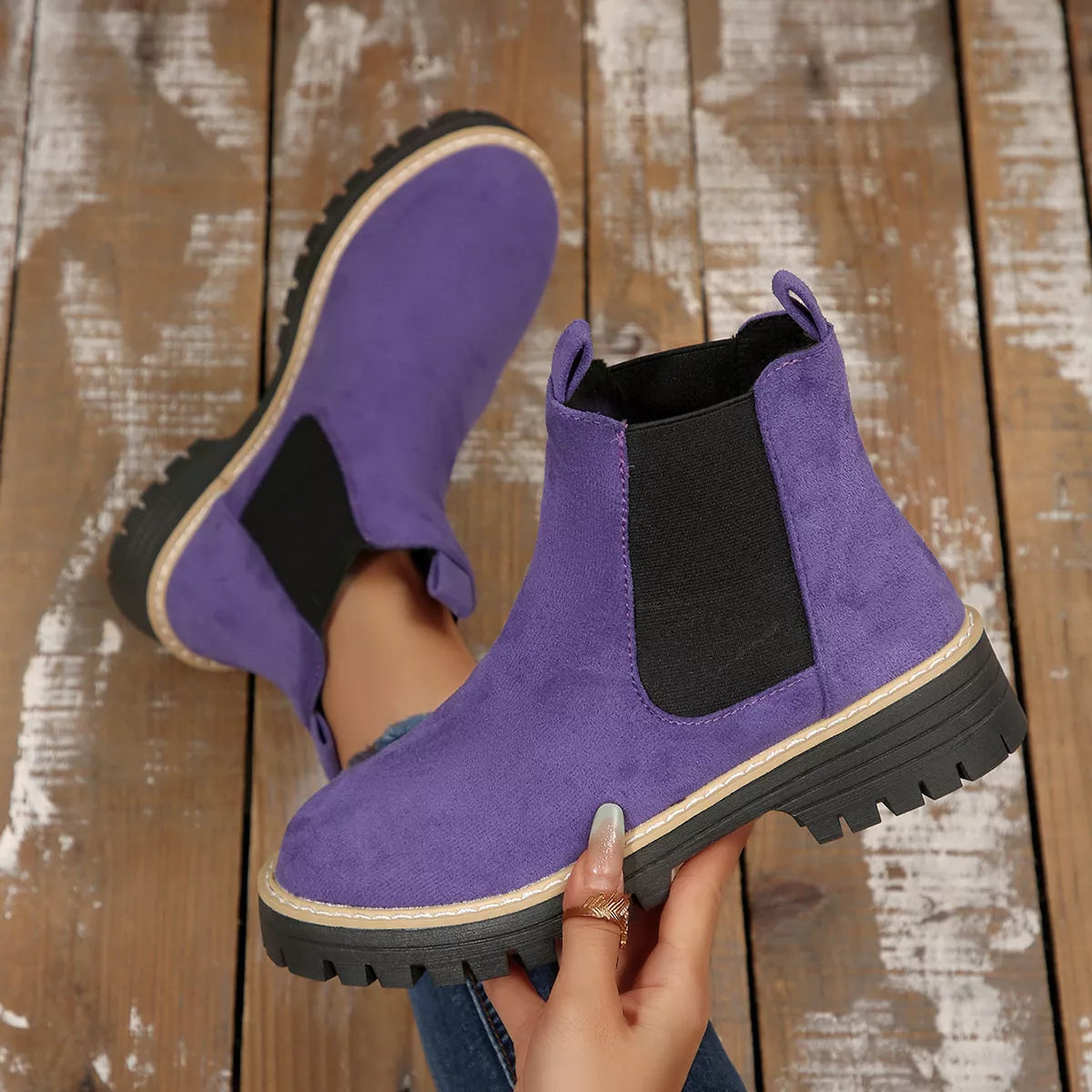 Round Toe Block Heels Boots - Purple - View 16