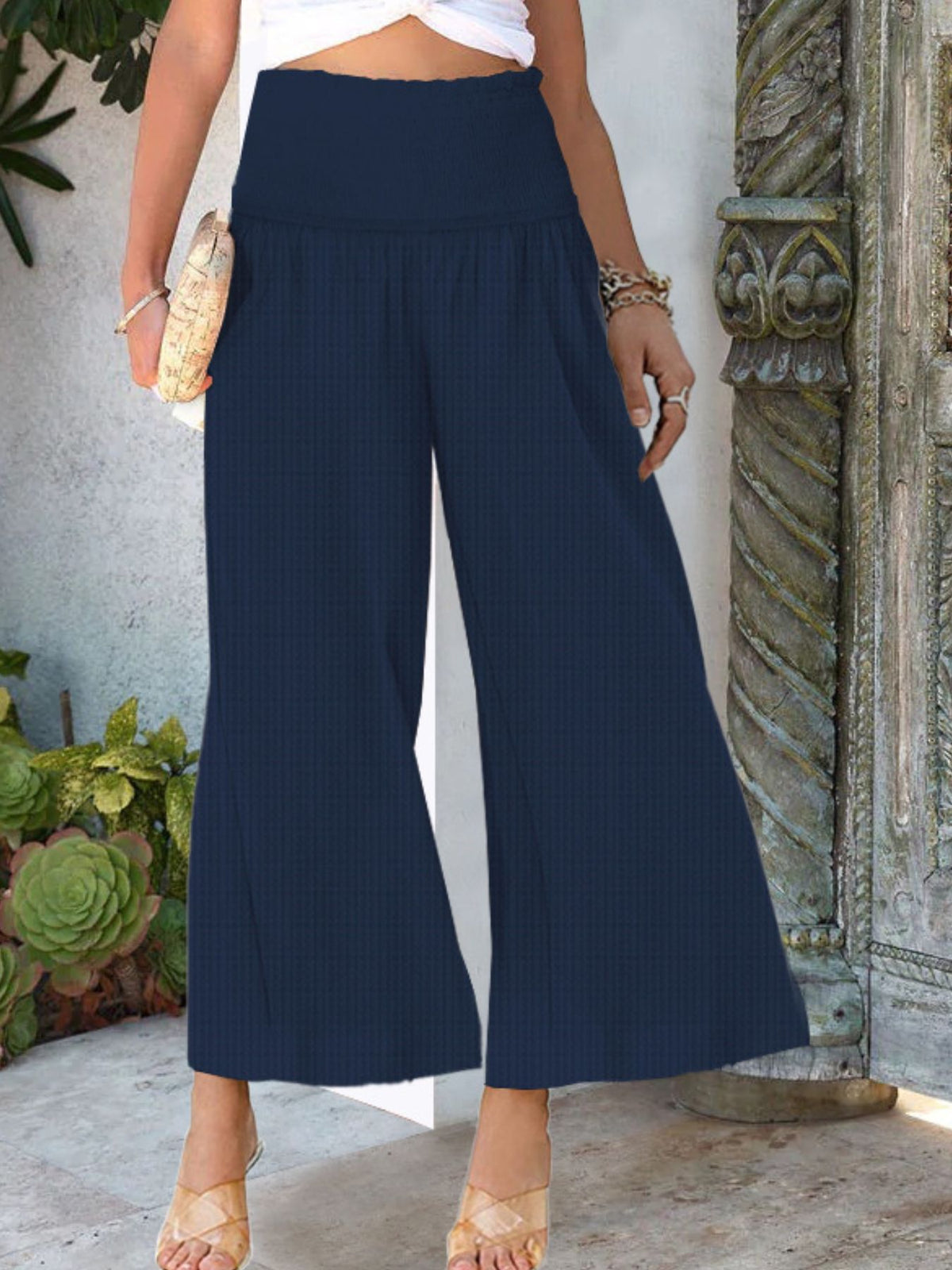Wide-Leg Smocked Waist Pants - Navy - View 20