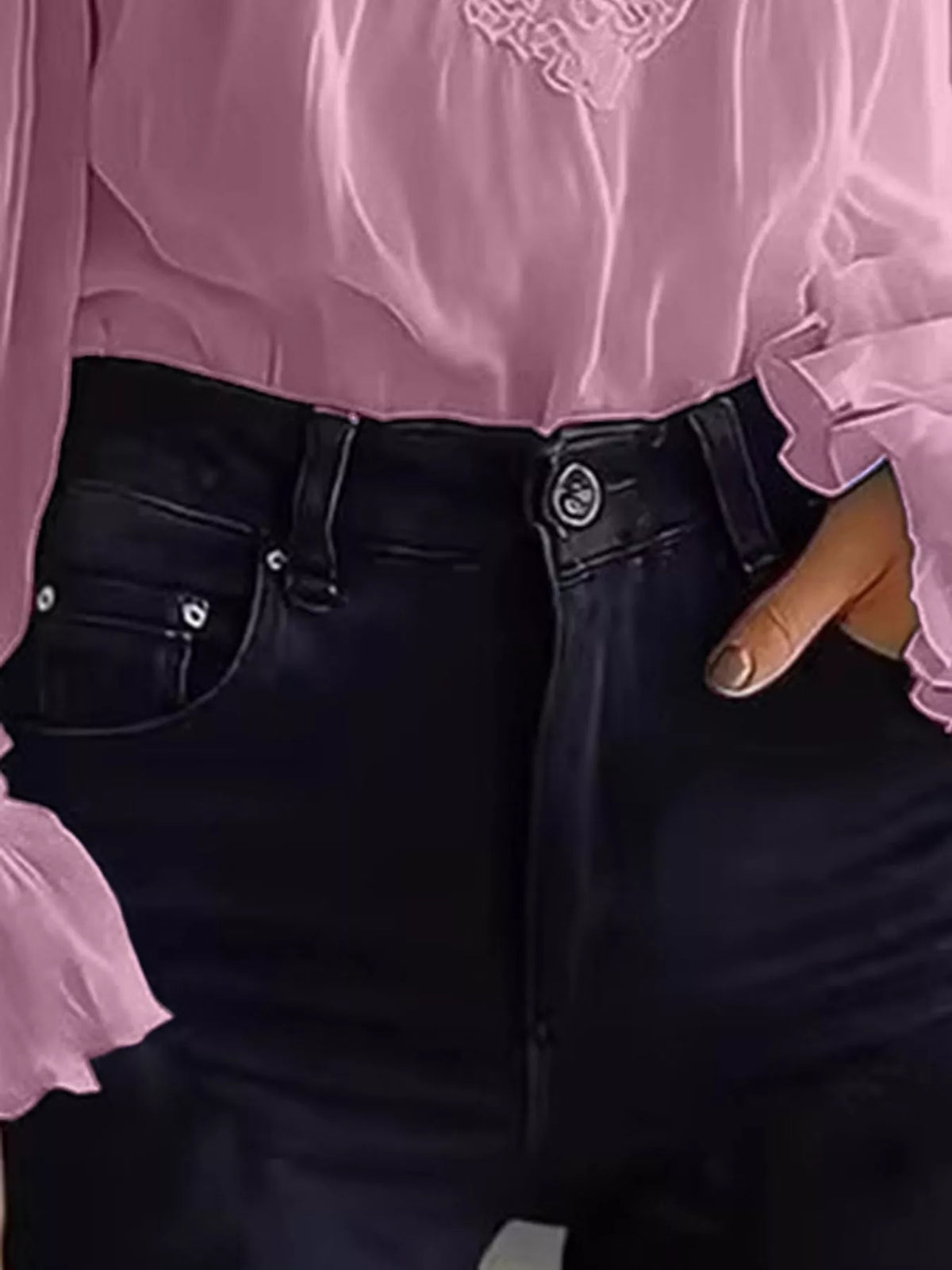 Full Size Lace V-Neck Flounce Sleeve Blouse Plus Size - Pink - View 30