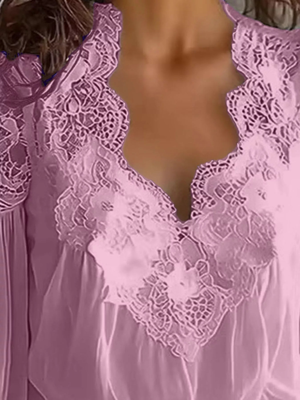 Full Size Lace V-Neck Flounce Sleeve Blouse Plus Size - Pink - View 29