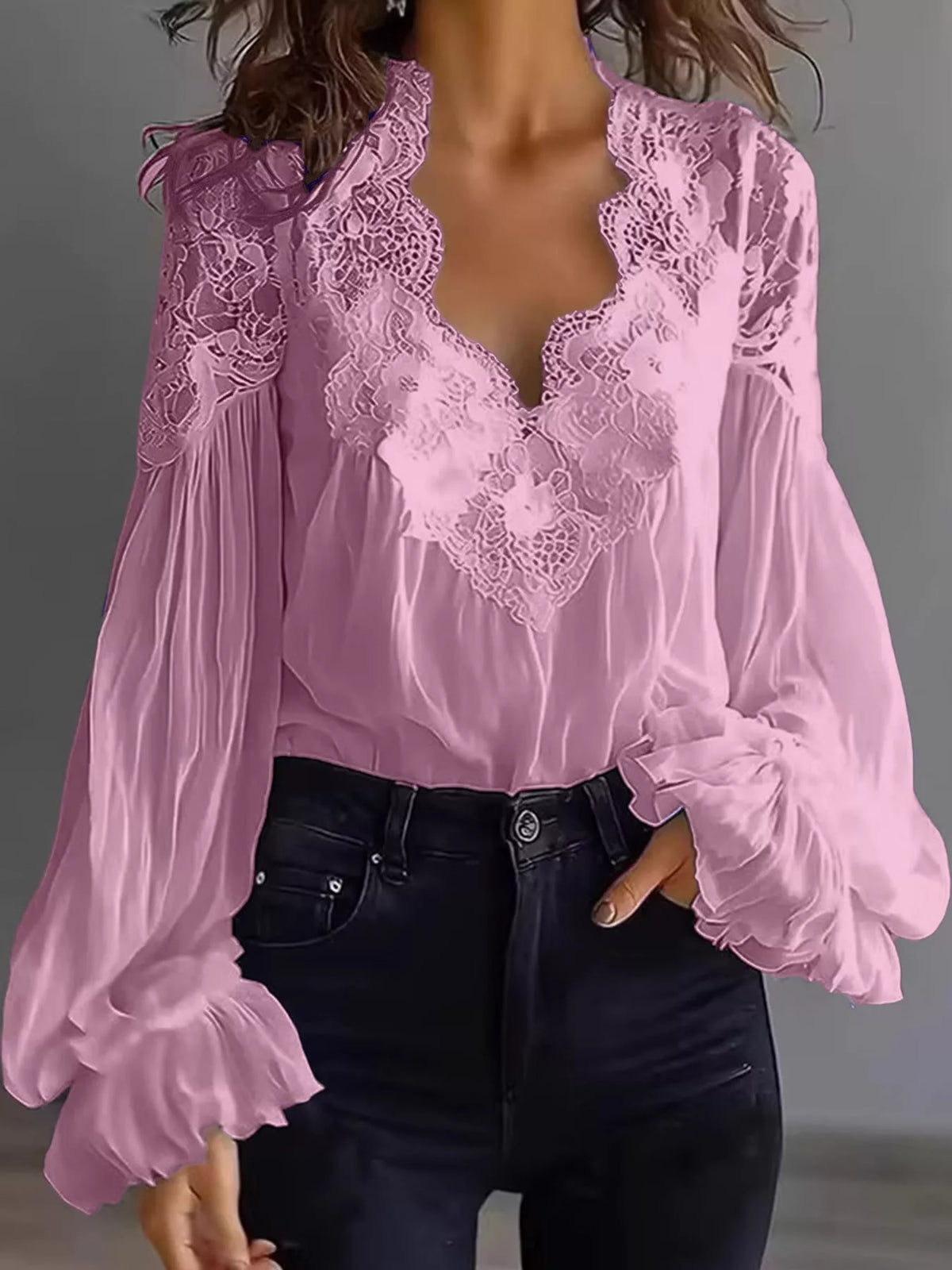 Full Size Lace V-Neck Flounce Sleeve Blouse Plus Size - Pink - View 28