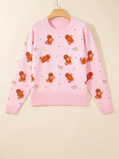 Gingerbread Pattern Long Sleeve Round Neck Sweater - Blush Pink - View 3