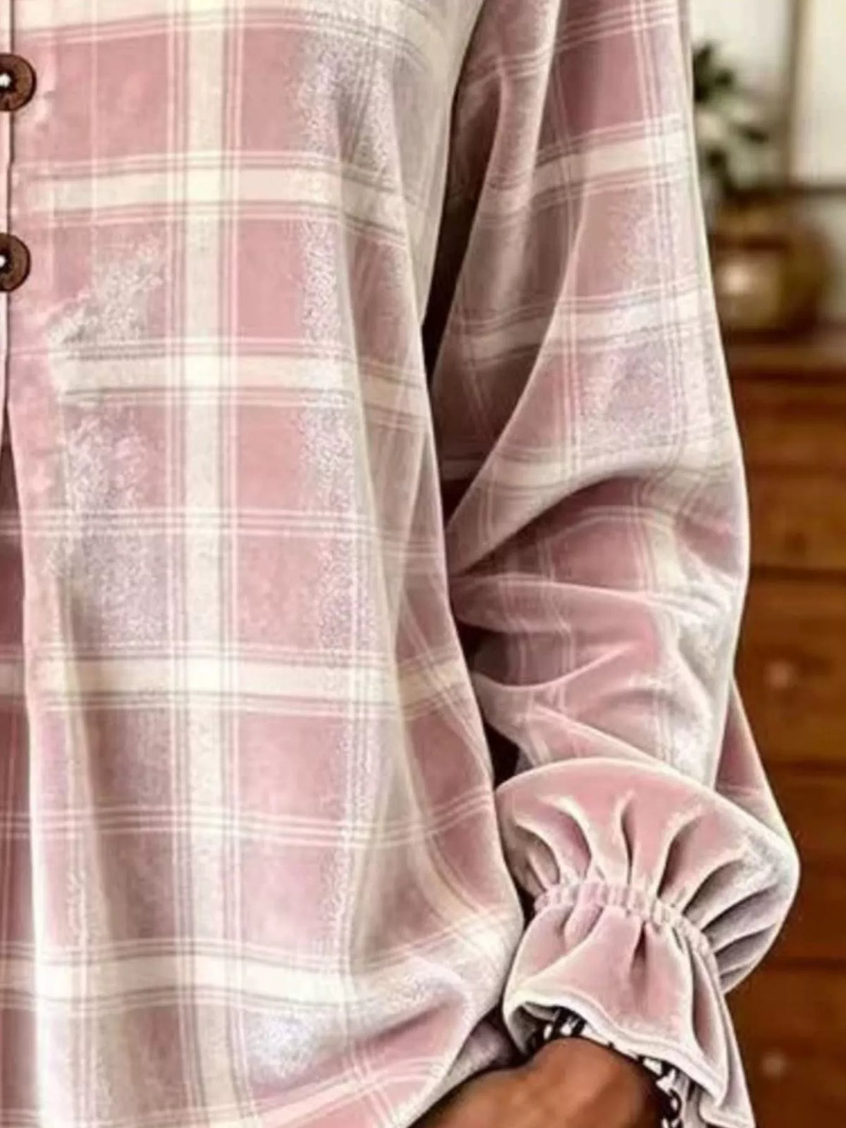 Full Size Plaid Velvet Flounce Sleeve Blouse Plus Size - Blush Pink - View 2