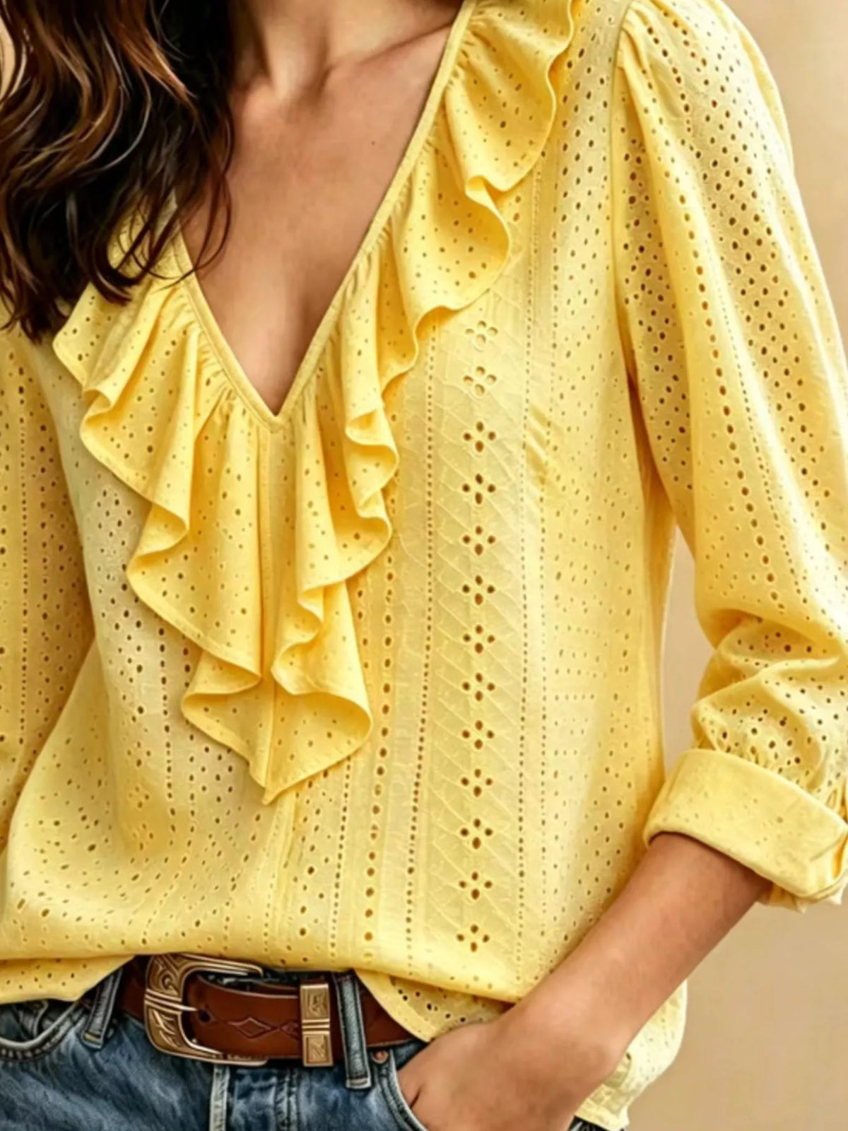 Eyelet Ruffle V-Neck Blouse - Yellow - View 3