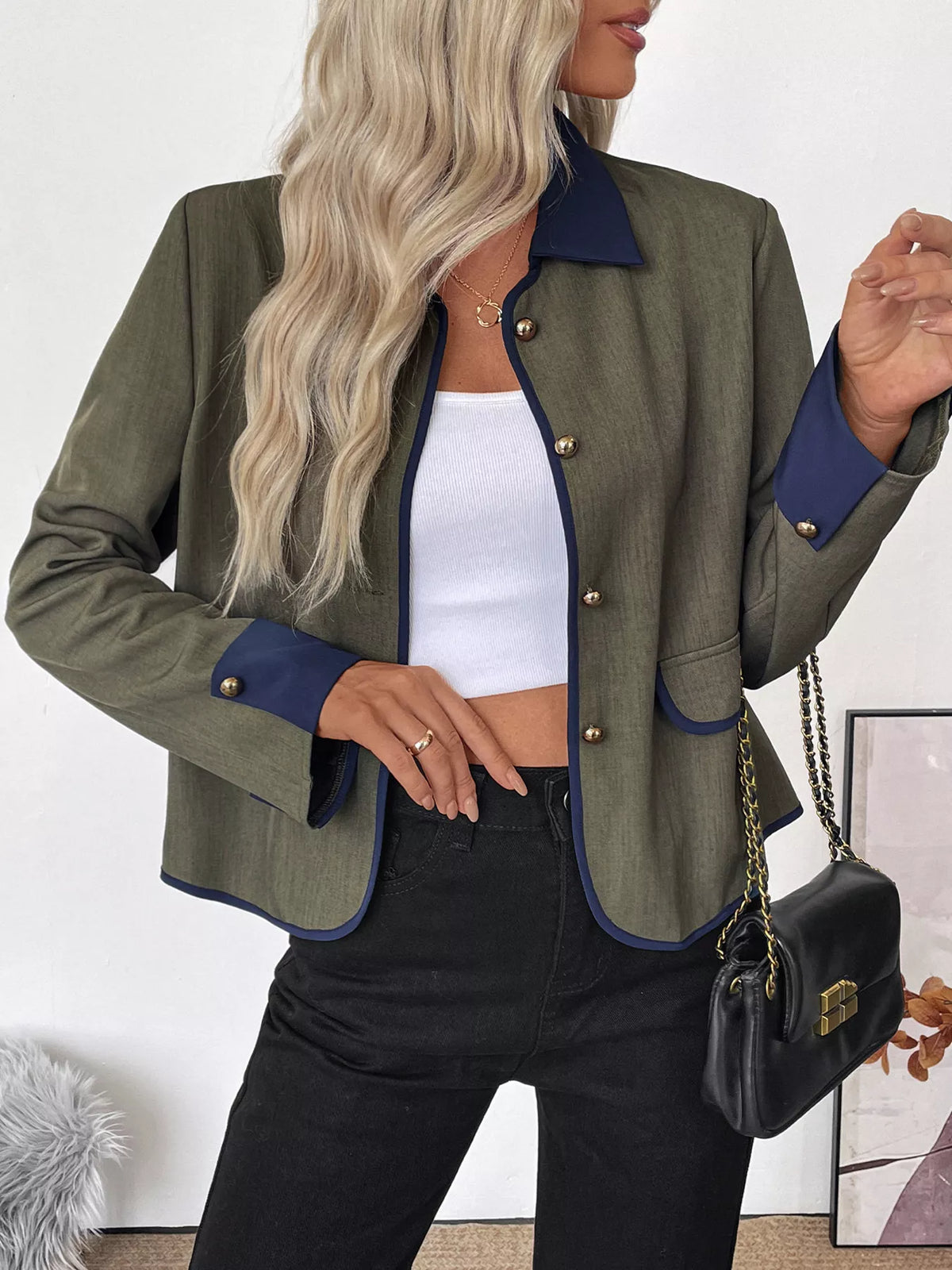 Contrast Trim Button-Up Jacket - Green - View 3