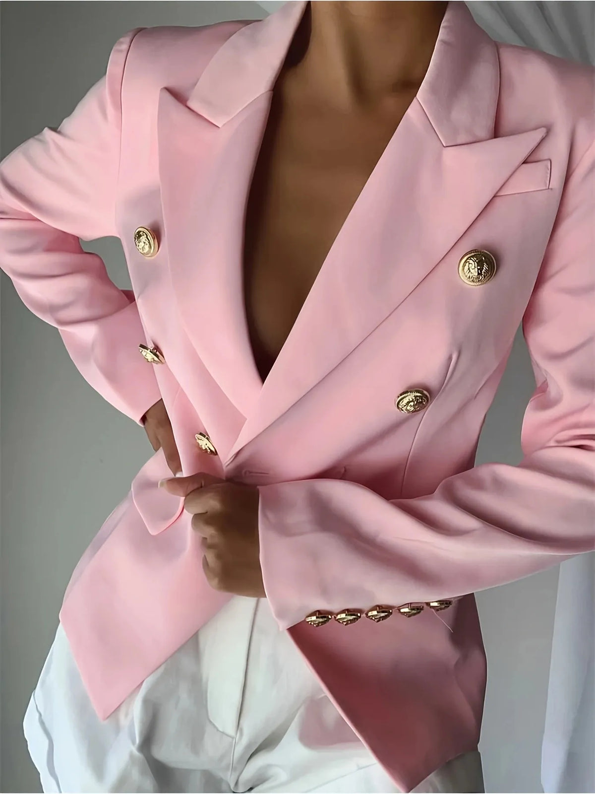 Decor Button Lapel Collar Blazer - Pink - View 8