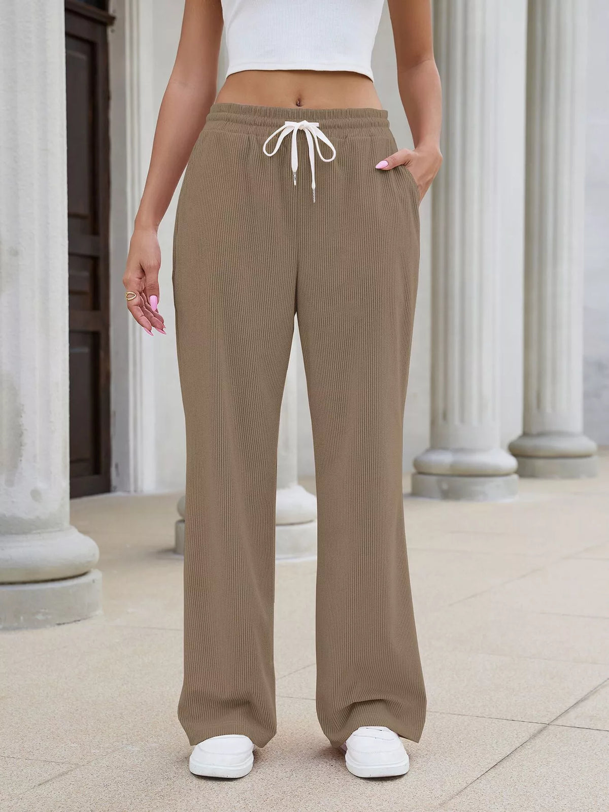High-Waisted Drawstring Wide-Leg Casual Pants - Khaki Color - View 3