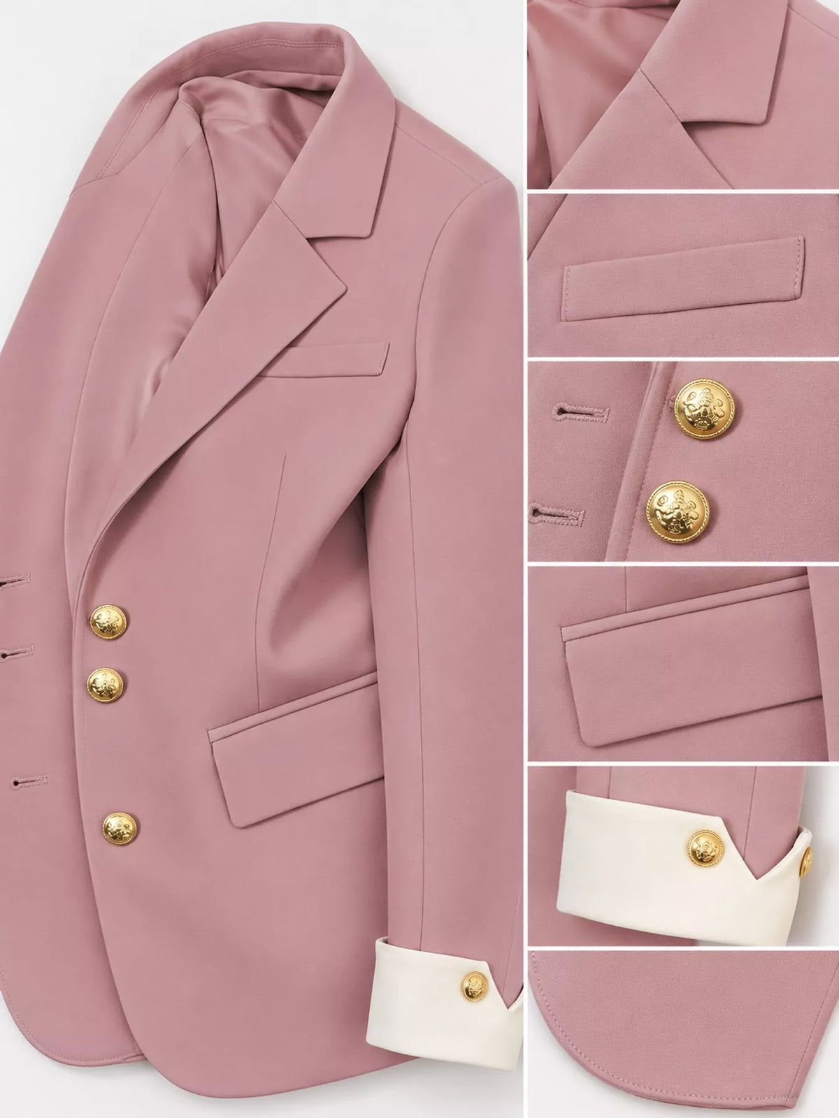 Full Size Single-Breasted Blazer with Gold Button Accents Plus Size - Pink - View 32
