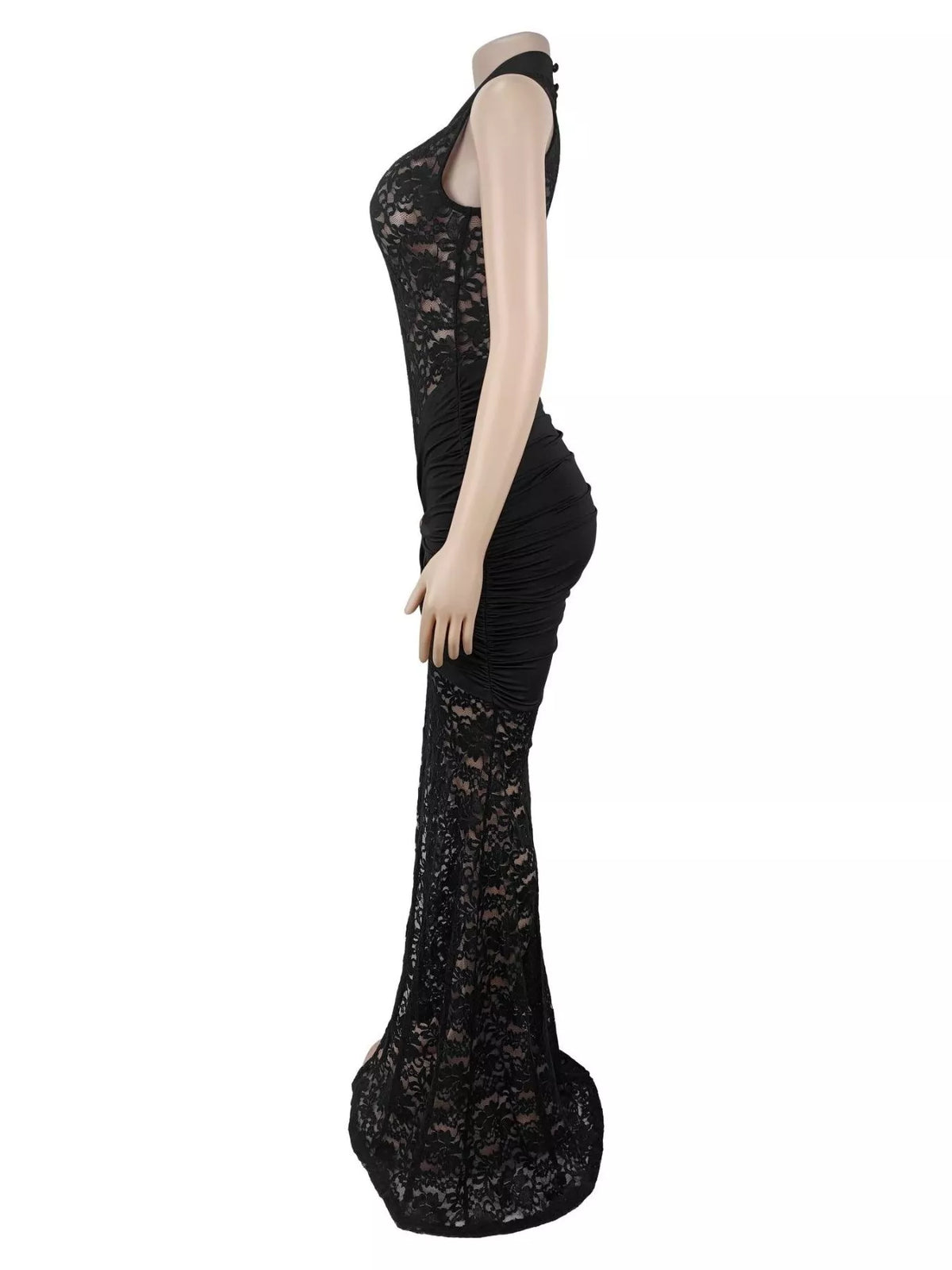 Lace Keyhole High-Slit Maxi Dress - Black - View 4