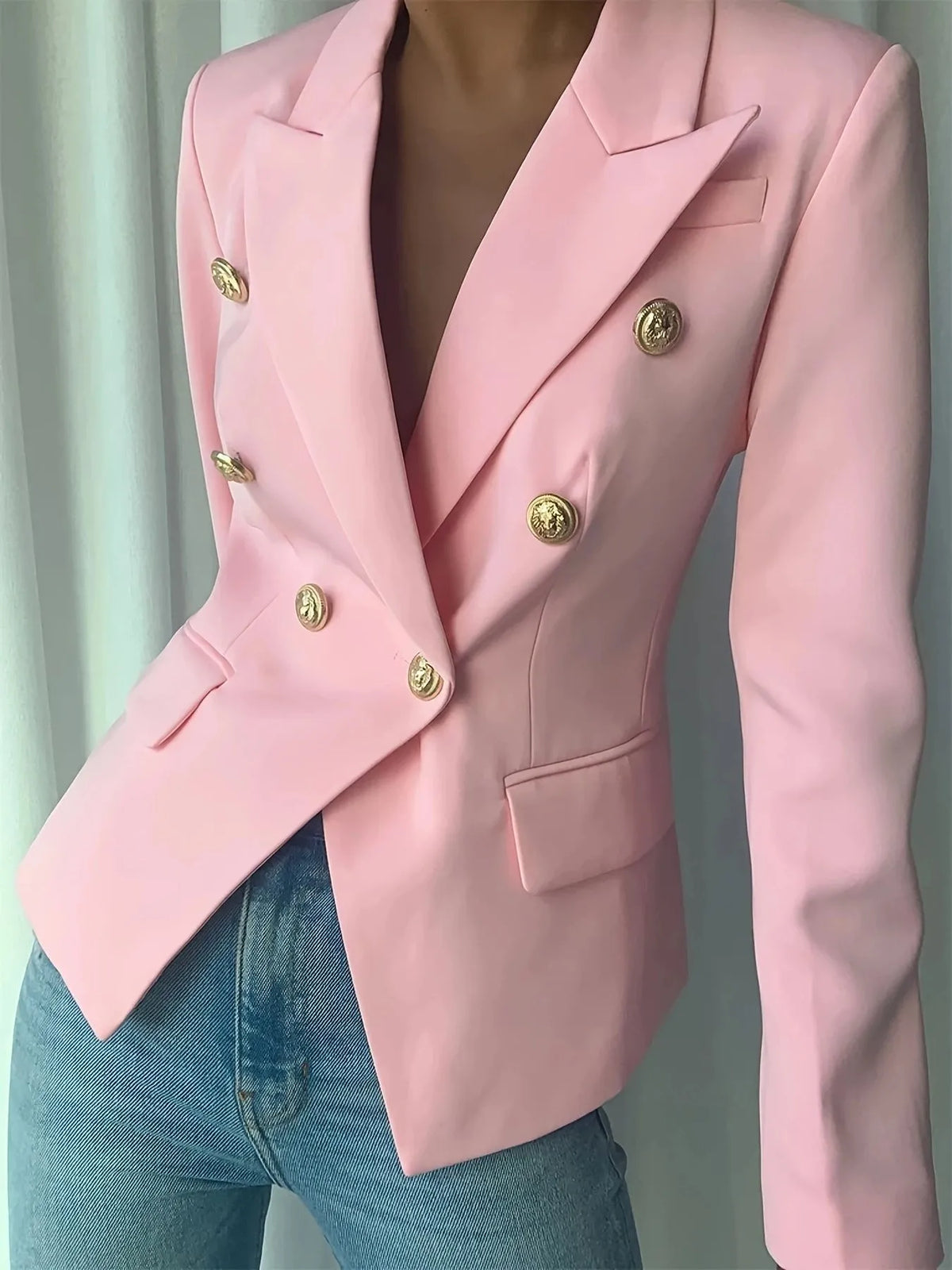 Decor Button Lapel Collar Blazer - Pink - View 11