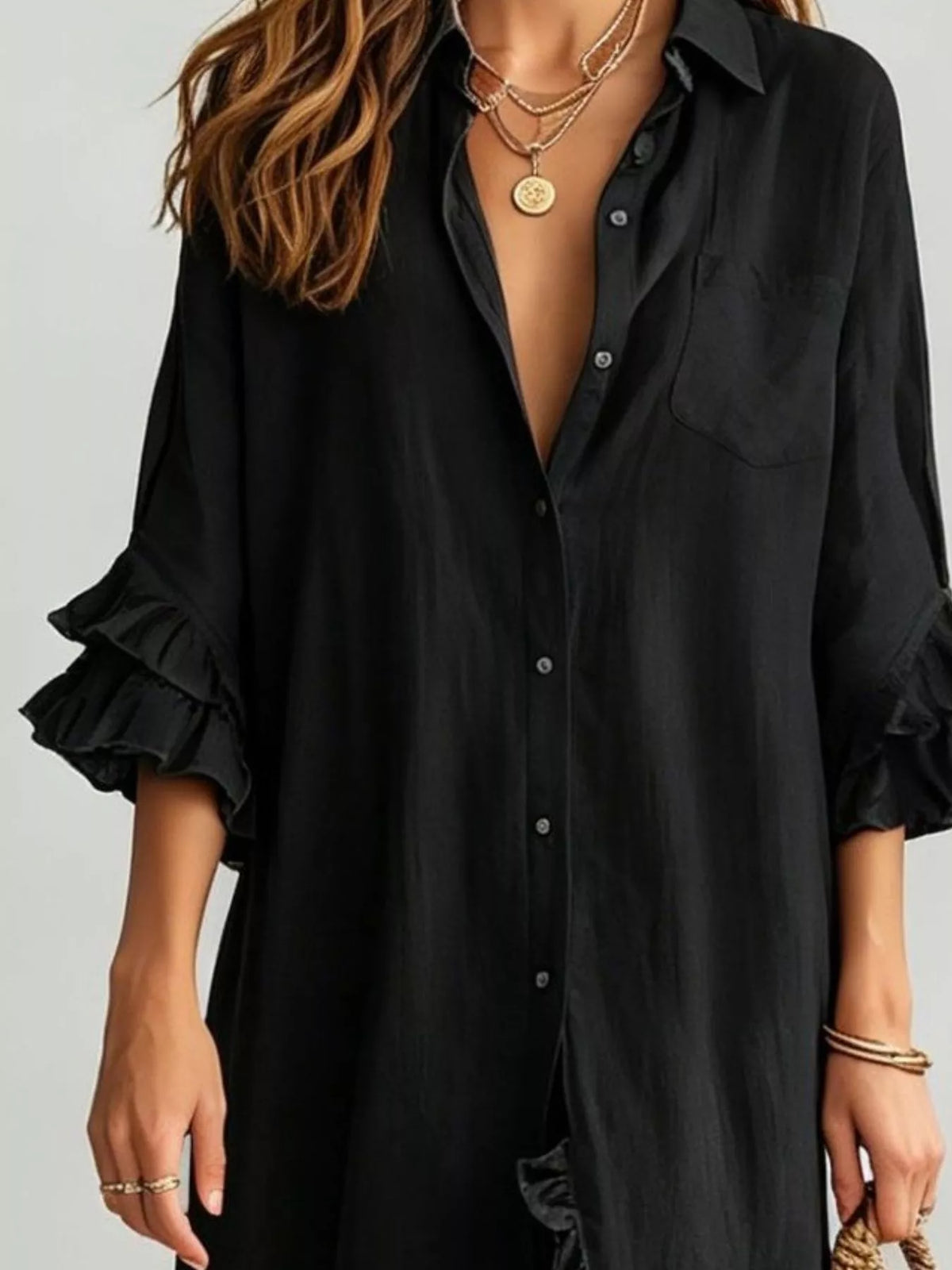 Full Size Ruffled Trim Button-Down Maxi Shirt Dress Plus Size - Black - View 2