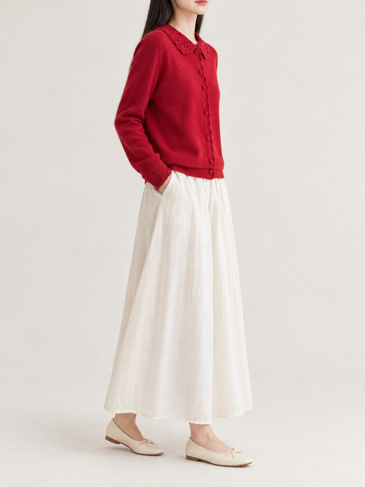 Lace-Collar Button Down Knit Cardigan - Cherry Red - View 30