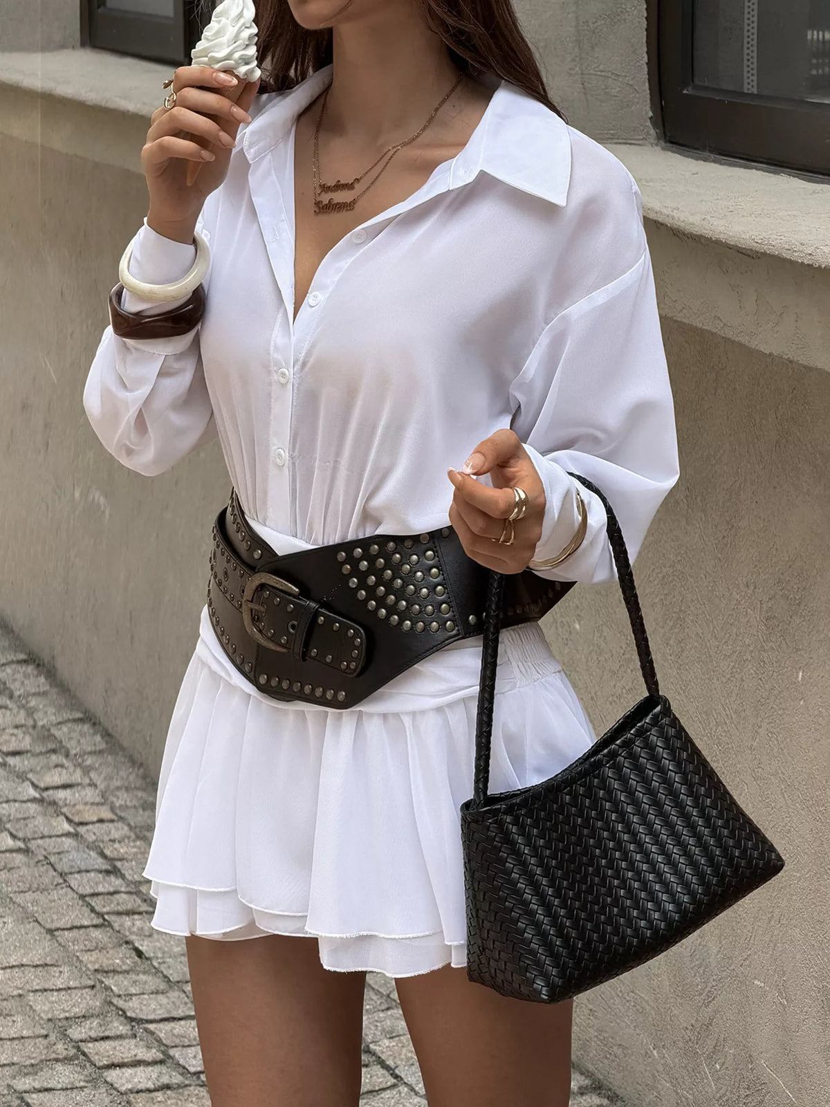 Ruched Waist Layered Ruffle Hem Shirt Dress - White - View 4