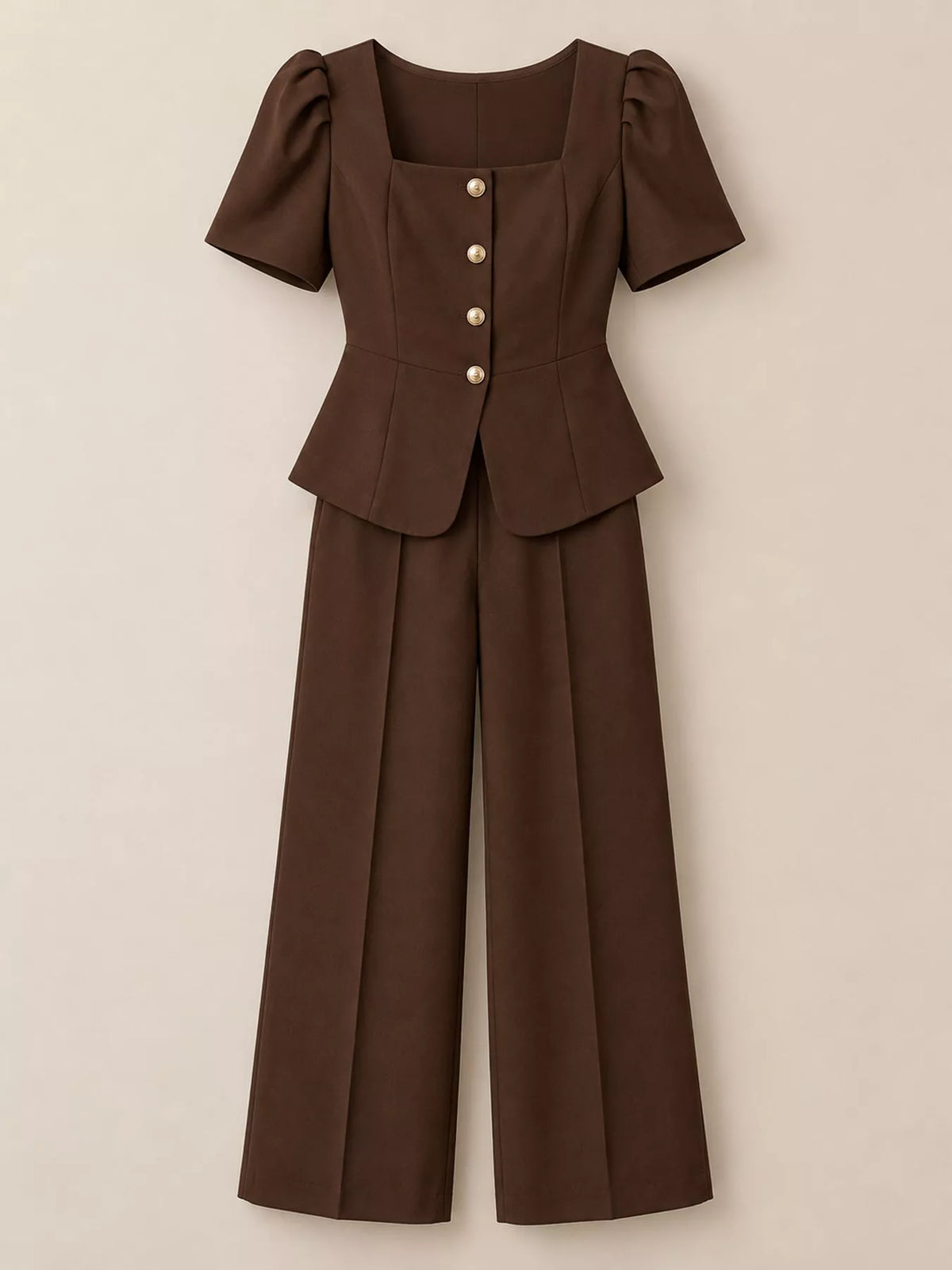 Plus Size Peplum Top and Wide-Leg Pants Two-Piece Set - Brown - View 19